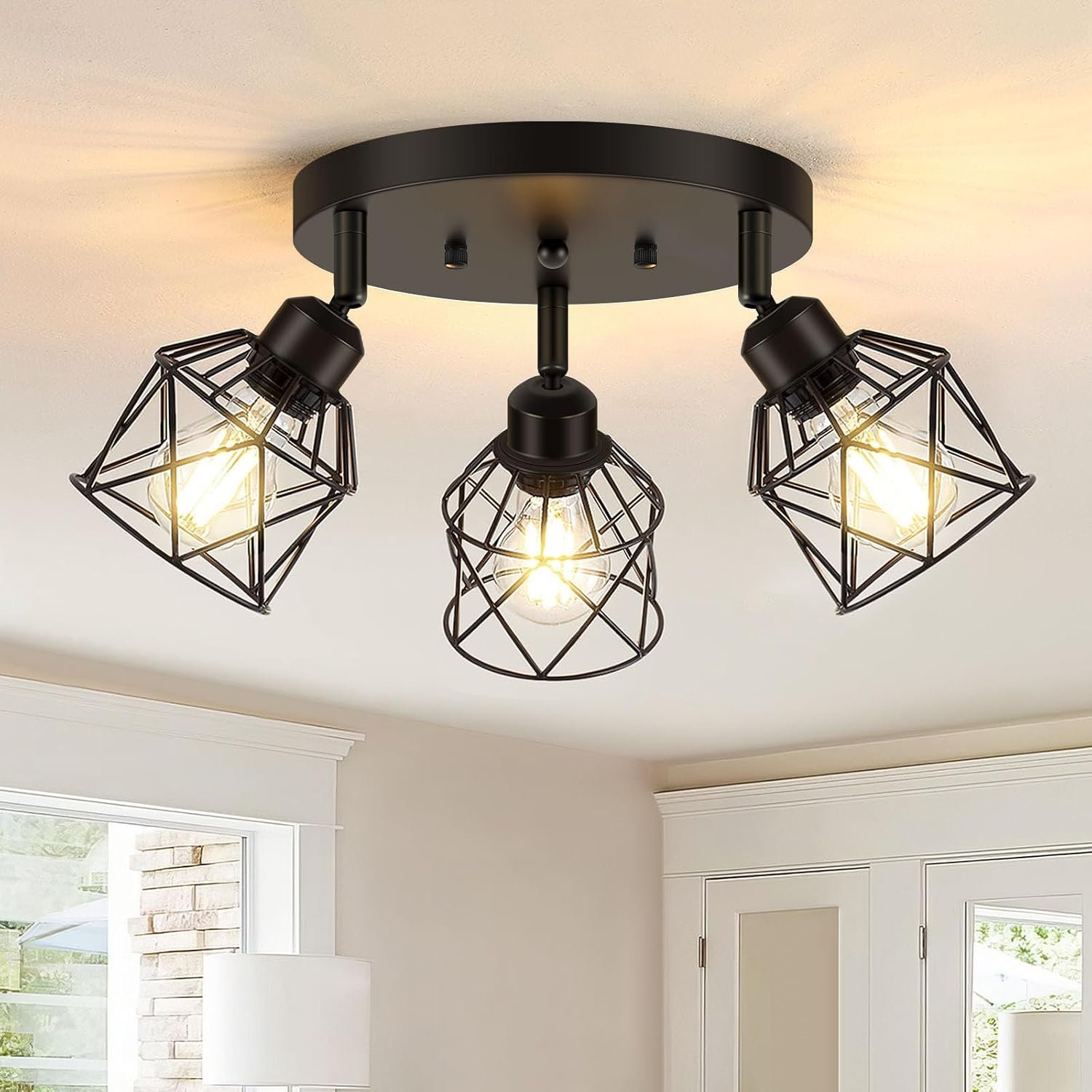 Baocuz 3-Light Kitchen Flush Mount Ceiling Light, Adjustable Multi-Directional Ceiling Light Fixture, Farmhouse Black Metal Cage Close to Ceiling Lamp for Dining Room Bedroom Hallway