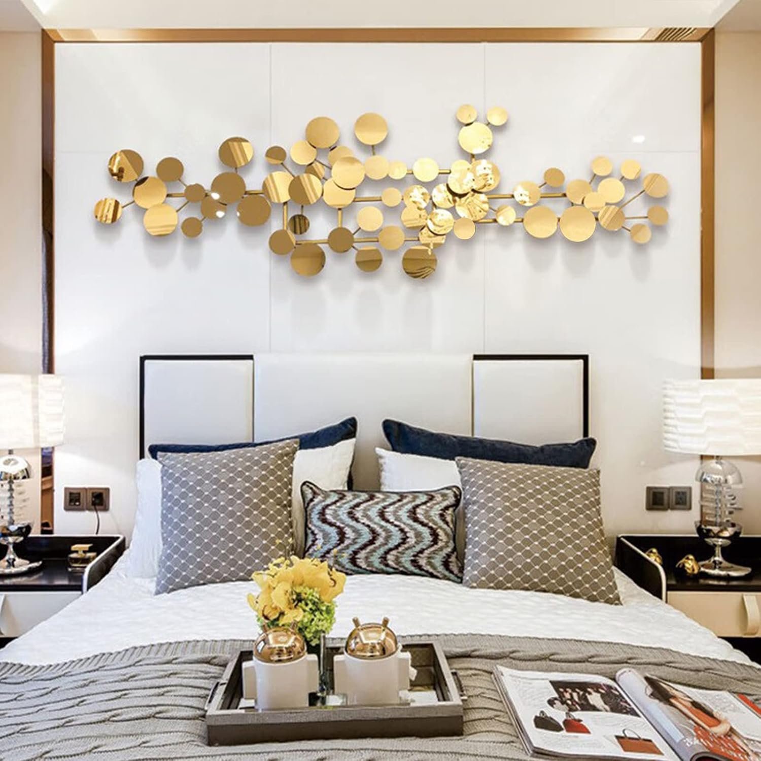 YUDACHU Modern Metal Wall Art for Living Room & Bedroom | 3D Geometric Sculpture 59”×20” | Gold Luxury Wall Decor Accent, Indoor Use, Hanging Kit Included