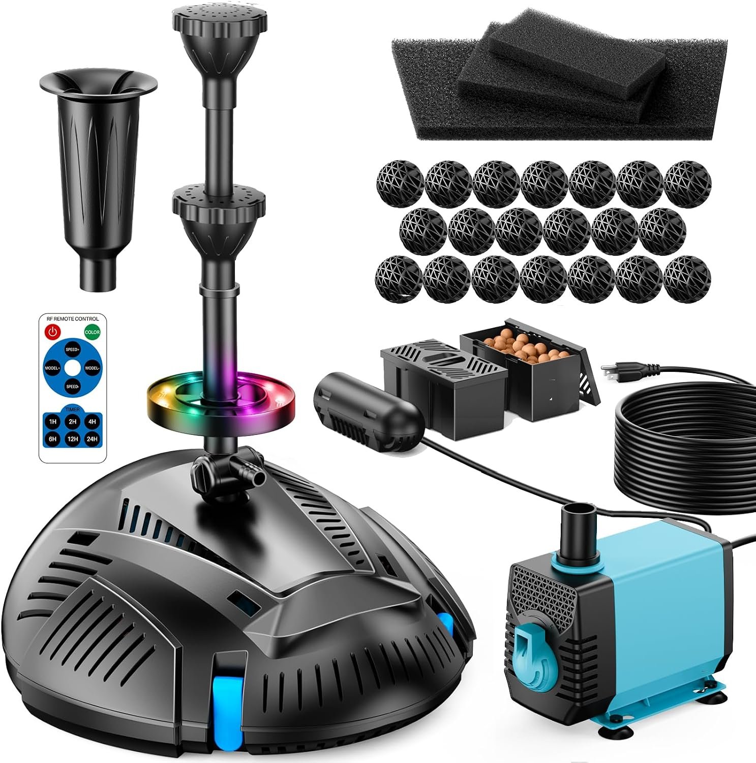 Antfraer Pond Filter with U-V Clarifier, 660GPH Pond Pump and Filter Kit & RGB LED Lights, All-in-One Submersible Pond Fountain for Outdoor Ponds, Koi Ponds, Water Gardens with Remote Control