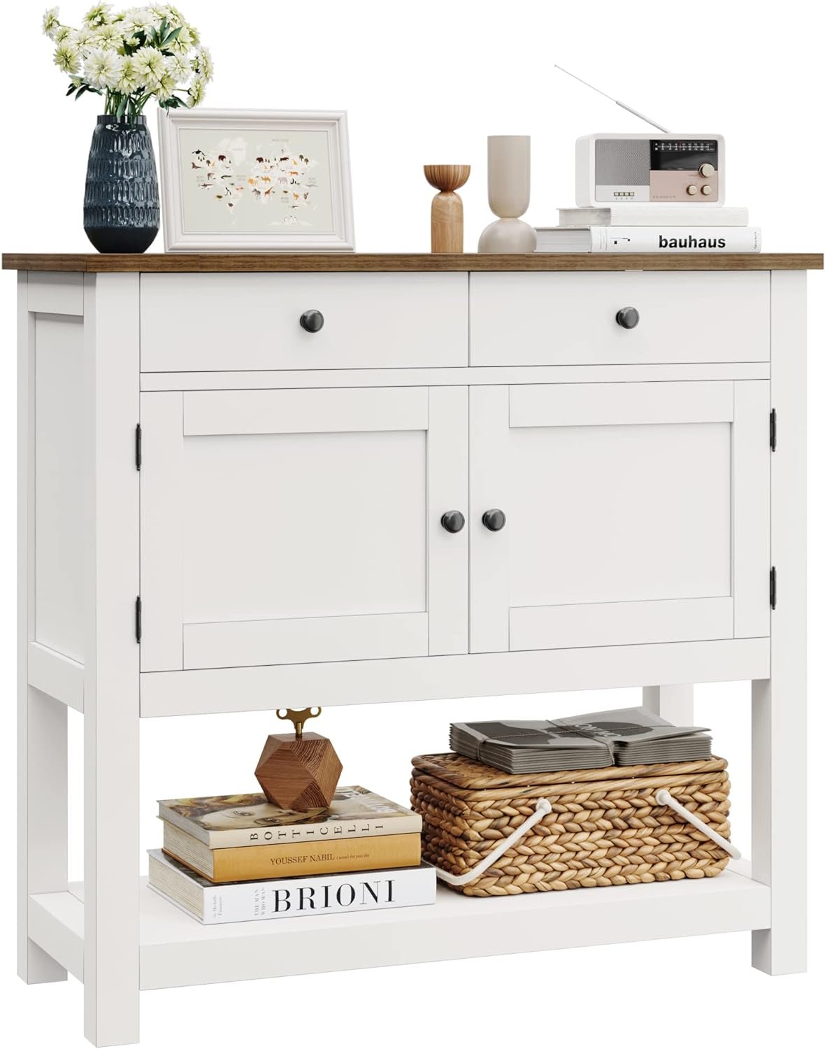 HOSTACK Farmhouse Console Table with Storage, 35.4″ W Entryway Table, White | Entry table with 2 Drawers & 2-Door Storage Cabinet, Sofa Buffet Table Sideboard for Kitchen, Hallway, Dining / Living room