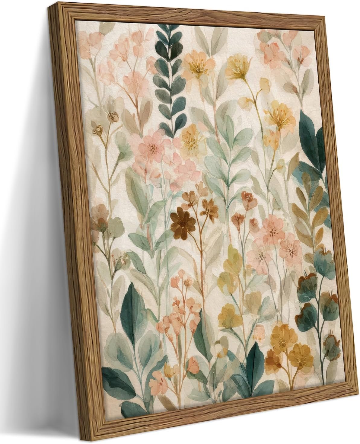 Framed Boho Floral Wall Art, Neutral Botanical Wildflower Canvas Wall Decor Painting, Vintage Flower Poster Print Picture for Living Room Bathroom Bedroom 16×24 Inch
