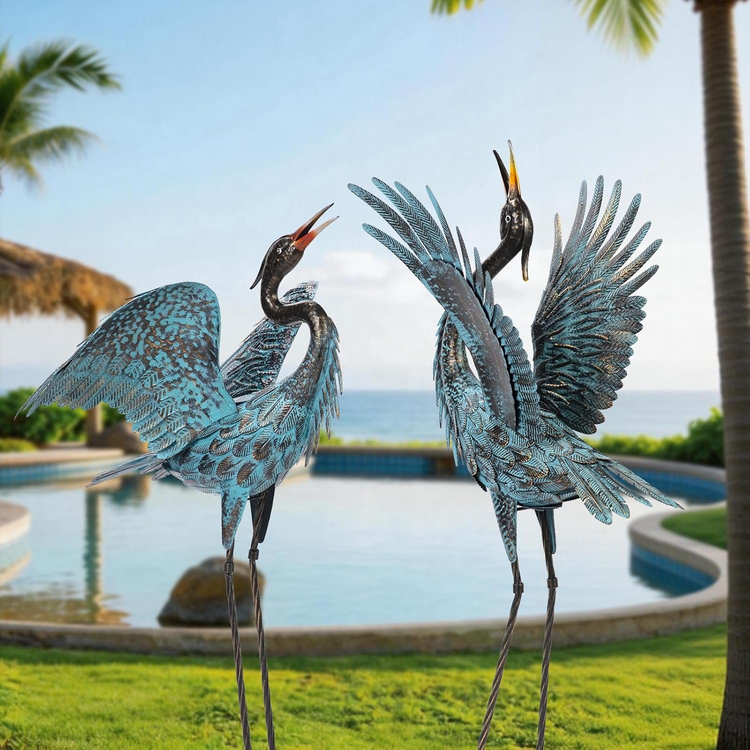 Natelf 2-Pack Metal Outdoor Blue Heron Garden Crane Statues 44.49 inch