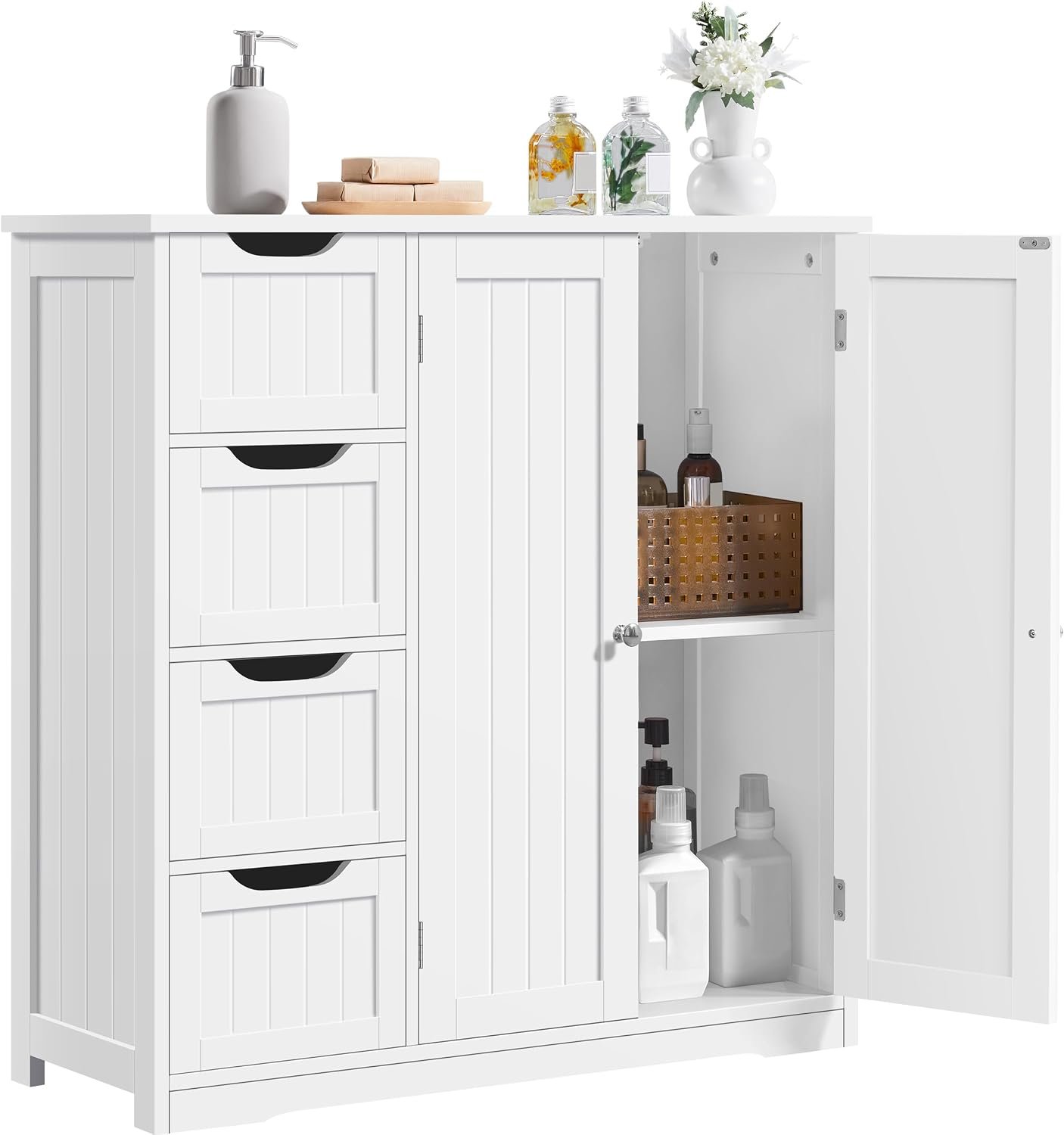 Yaheetech Small Bathroom Storage Cabinet with 4 Drawers & 2 Doors, White | Freestanding Floor Organizer, Slim 12in Depth, Laundry Room, Entryway Ready, Stores Towels, Toiletries, Medicine, MDF Build