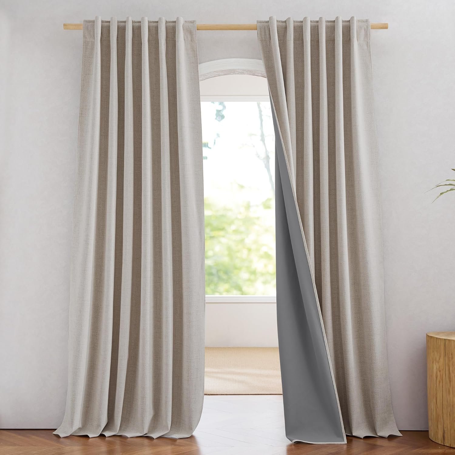 NICETOWN 100% Blackout Linen Curtains for Bedroom/Living Room 90″ L, 2 PCs | Thermal Insulated & Privacy Curtains with Grey Liner, Noise Reducing Farmhouse Style, Natural, W52 x L90 in Each