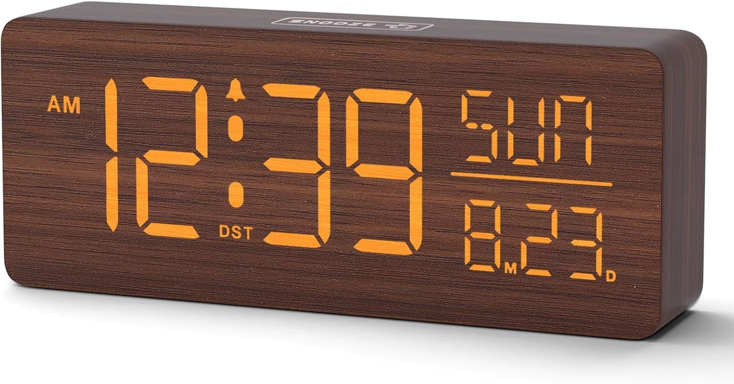 Peakeep Wooden Digital Alarm Clock Large Display, Textured Decoration | for Bedroom Living Room Desk Table, Electric Plug-in Clock Battery Backup with Time Date Day, 5 Brightness, Auto DST
