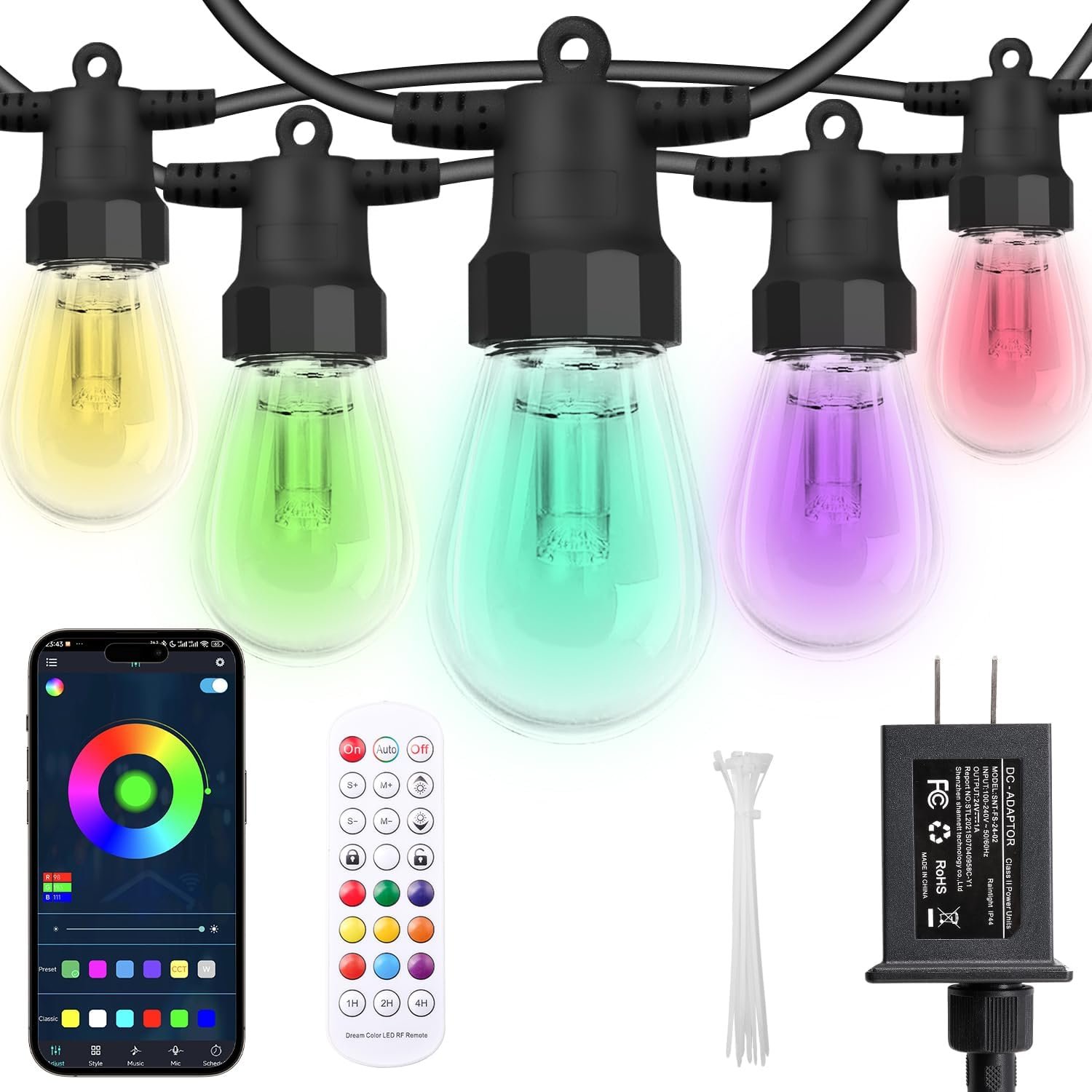Outdoor String Lights 50FT, Color Changing Patio Lights, Waterproof | 20 Shatterproof LED Bulbs, Multicolor & Warm White, Dimmable, IP67 Waterproof, APP & Remote, Custom Colors, 24V Low Voltage