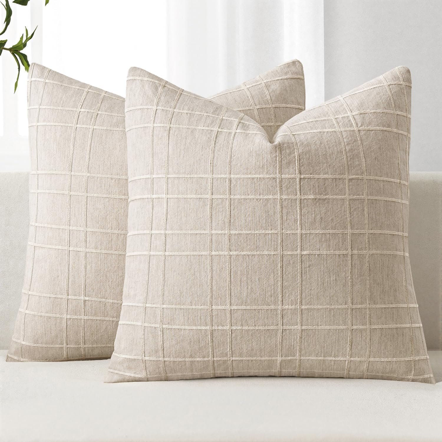 MIULEE Linen Plaid Pillow Covers Decorative 20×20 Natural Beige | Set of 2 Neutral Vintage Throw Pillow Covers Gingham Modern Farmhouse Home Decor for Sofa Couch Cushion Bed