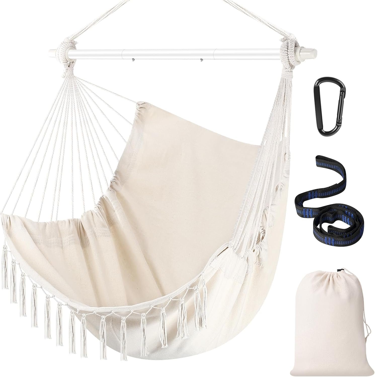 Hammock Chair Hanging Chair Heavy Duty 500 Lbs, Hanging Hammock Chair with Steel Spreader Bar & Adjustable Straps, Indoor Outdoor Hammock Swing for Bedroom Patio Porch Balcony Backyard Camping-Beige