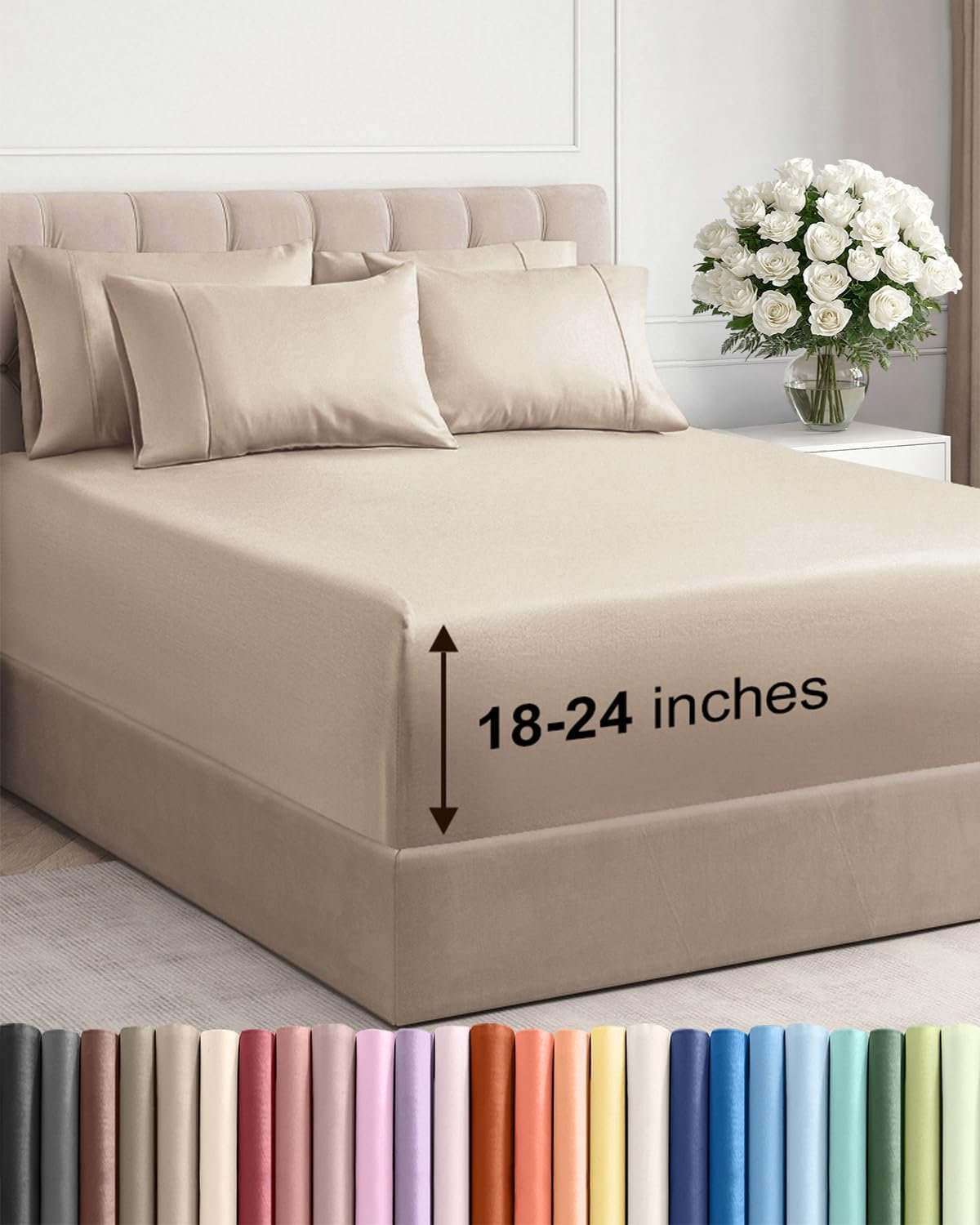 Extra Deep King Sheet Set – 6 Piece Breathable and Cooling Sheets – Wheat | Hotel Luxury Bed Sheets Set, Easy & Secure Fit, Ultra-Soft, Wrinkle & Fade Free, Comfy Sheets Set with Extra Deep Pockets