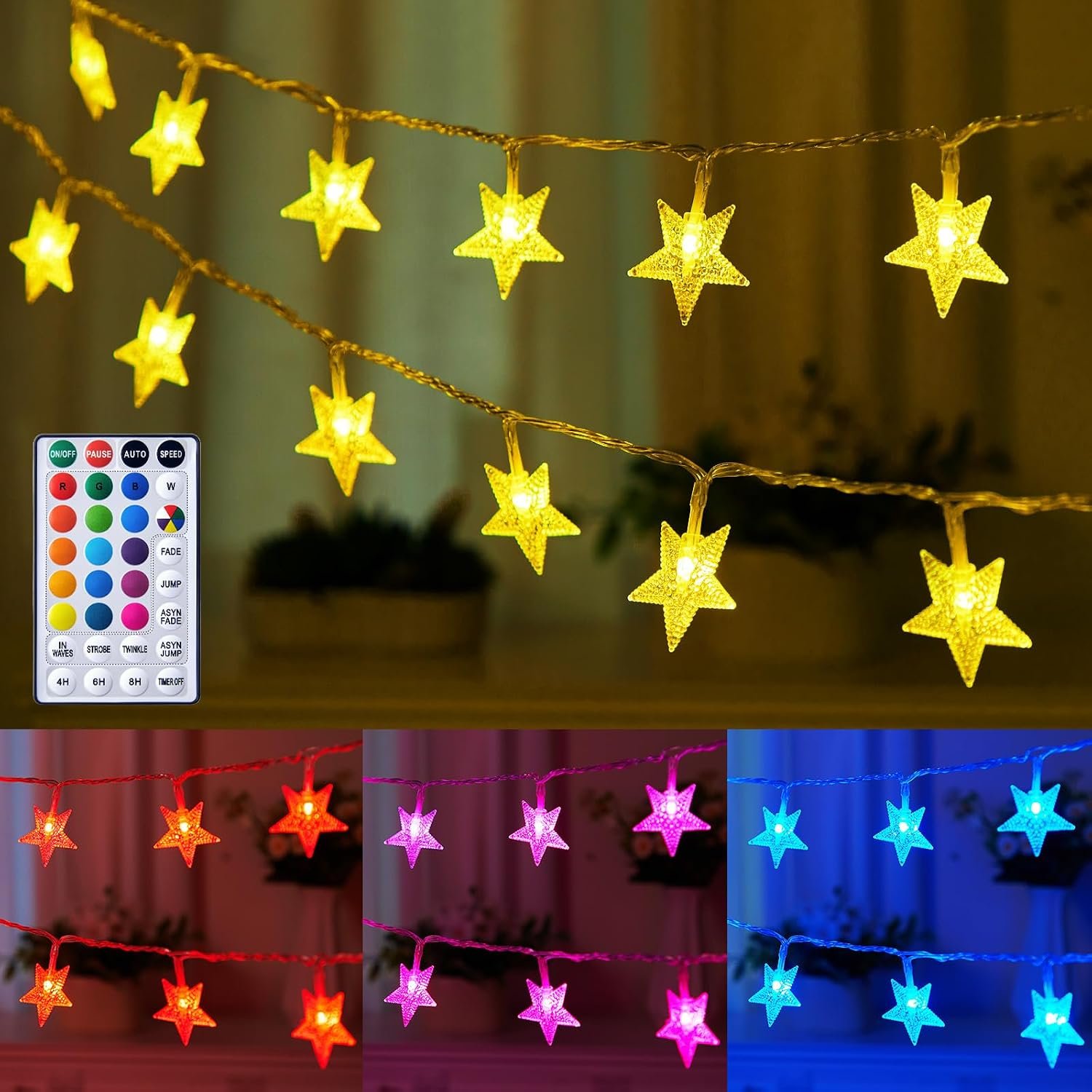 Minetom 23ft Star String Lights for Bedroom, 50LED Star Fairy Lights Indoor | Color Changing String Lights with Remote and Timer,16 Colors and 7 Modes, USB Powered String Lights for Bedroom Party Decor