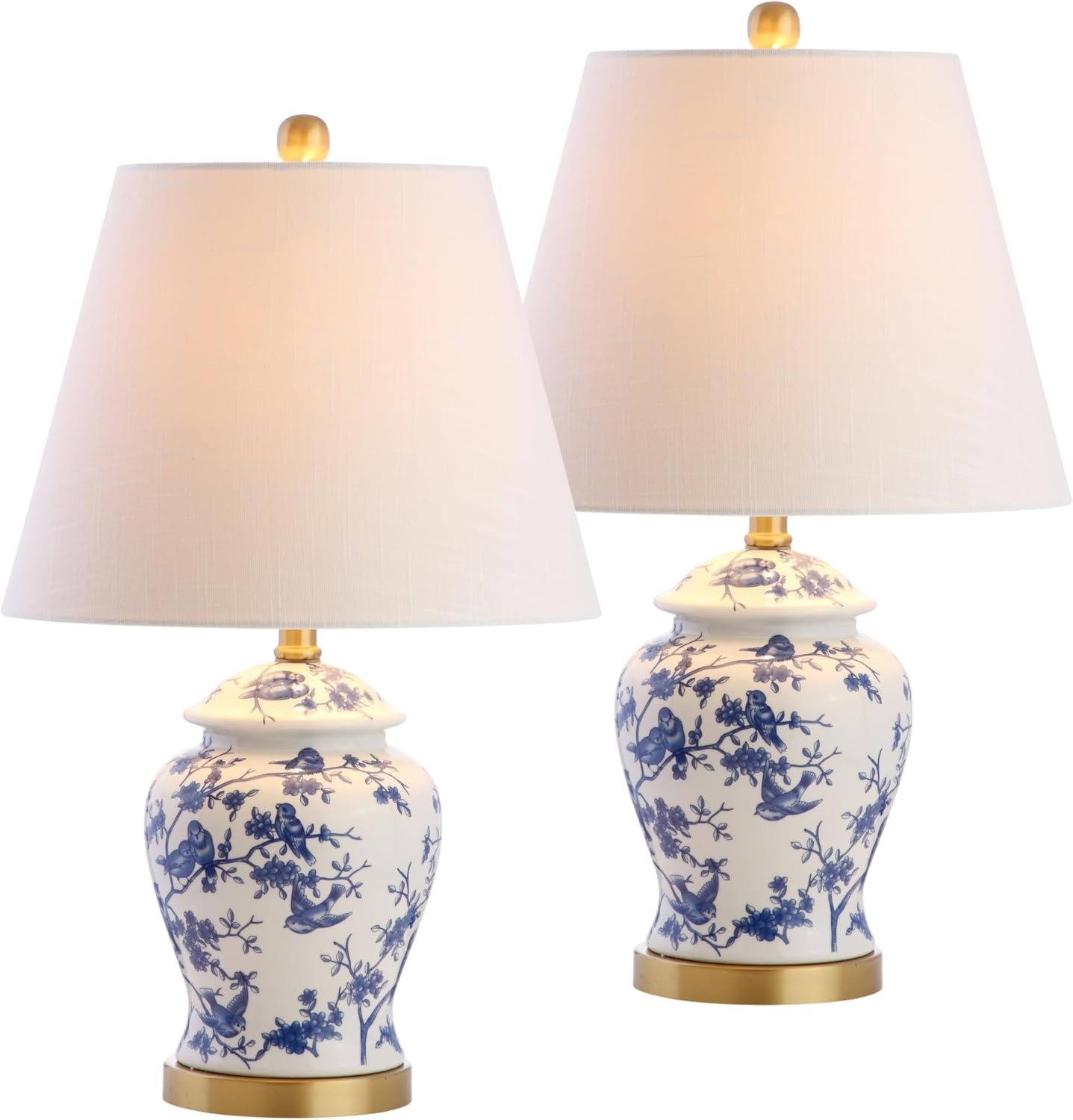 JONATHAN Y Penelope Ginger Jar 22″ LED Table Lamp, Blue/White, Set of 2 | Chinoiserie, Ceramic Metal Construction, French Country Traditional, Linen Empire Shade, Brass Gold, LED Bulb Included