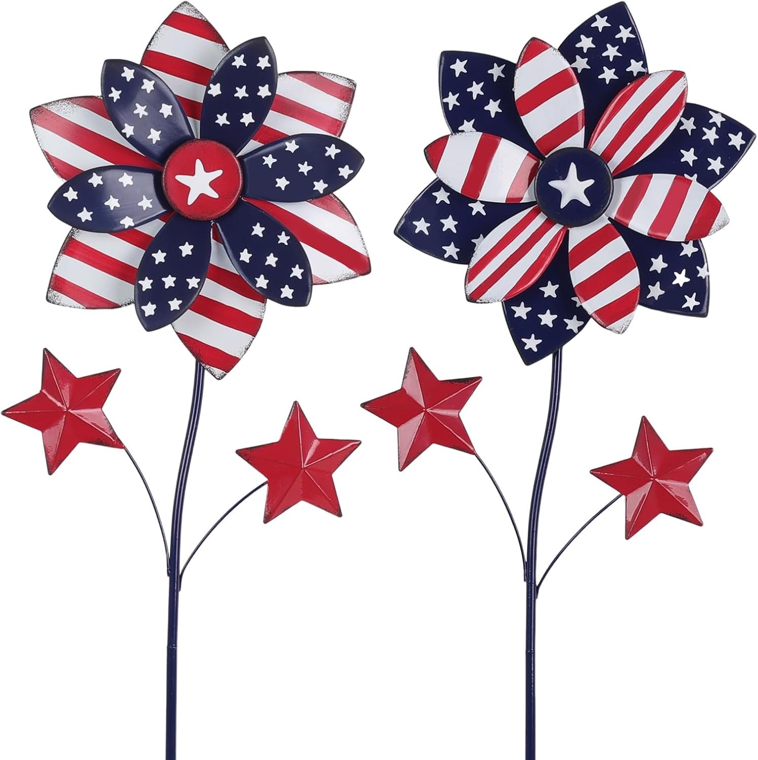 4th of July Decorations Outdoor, 22.4″ Set of 2 Red White Blue Metal Flowers Decorative Garden Stakes for Memorial Day Decorations, Yard Signs Patriotic Decorations for Garden Lawn Porch
