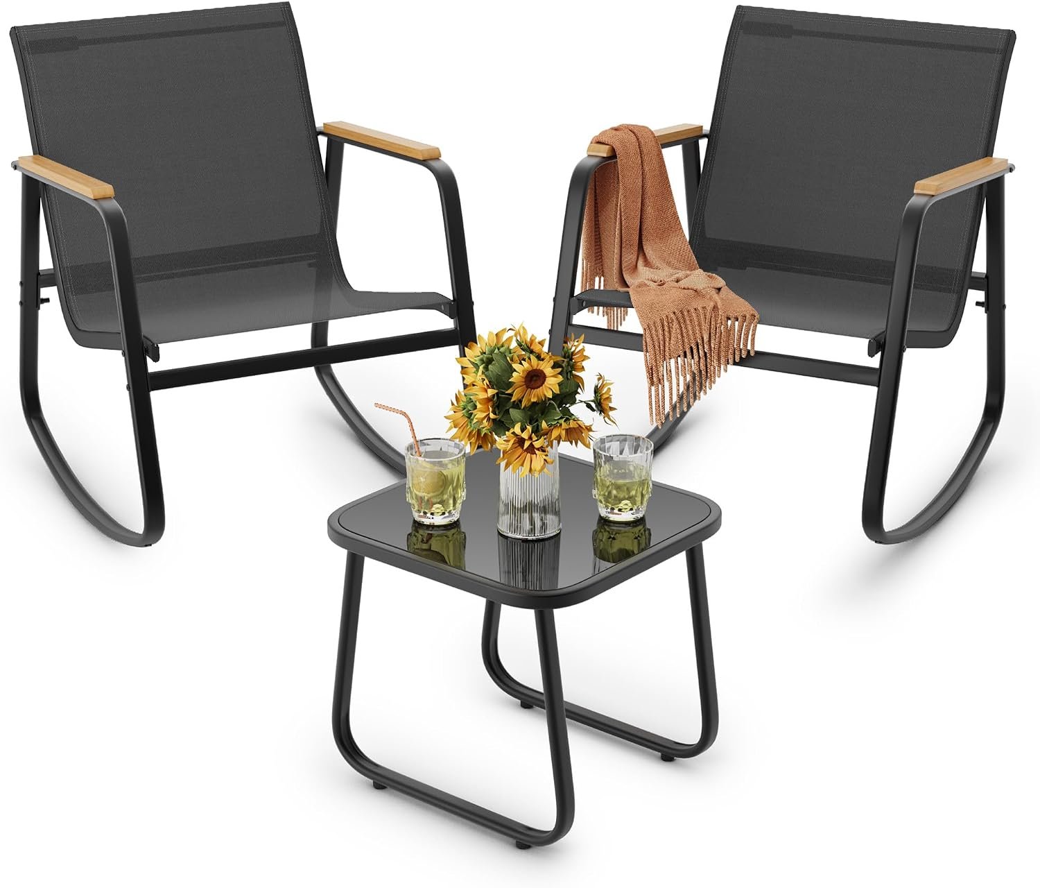 3 Pieces Patio Furniture Set Textilene Outdoor Rocking Set, Black | 2 Rocking Chairs with Wooden Armrests, A Tempered Glass Coffee Table for Patio, Porch and Balcony