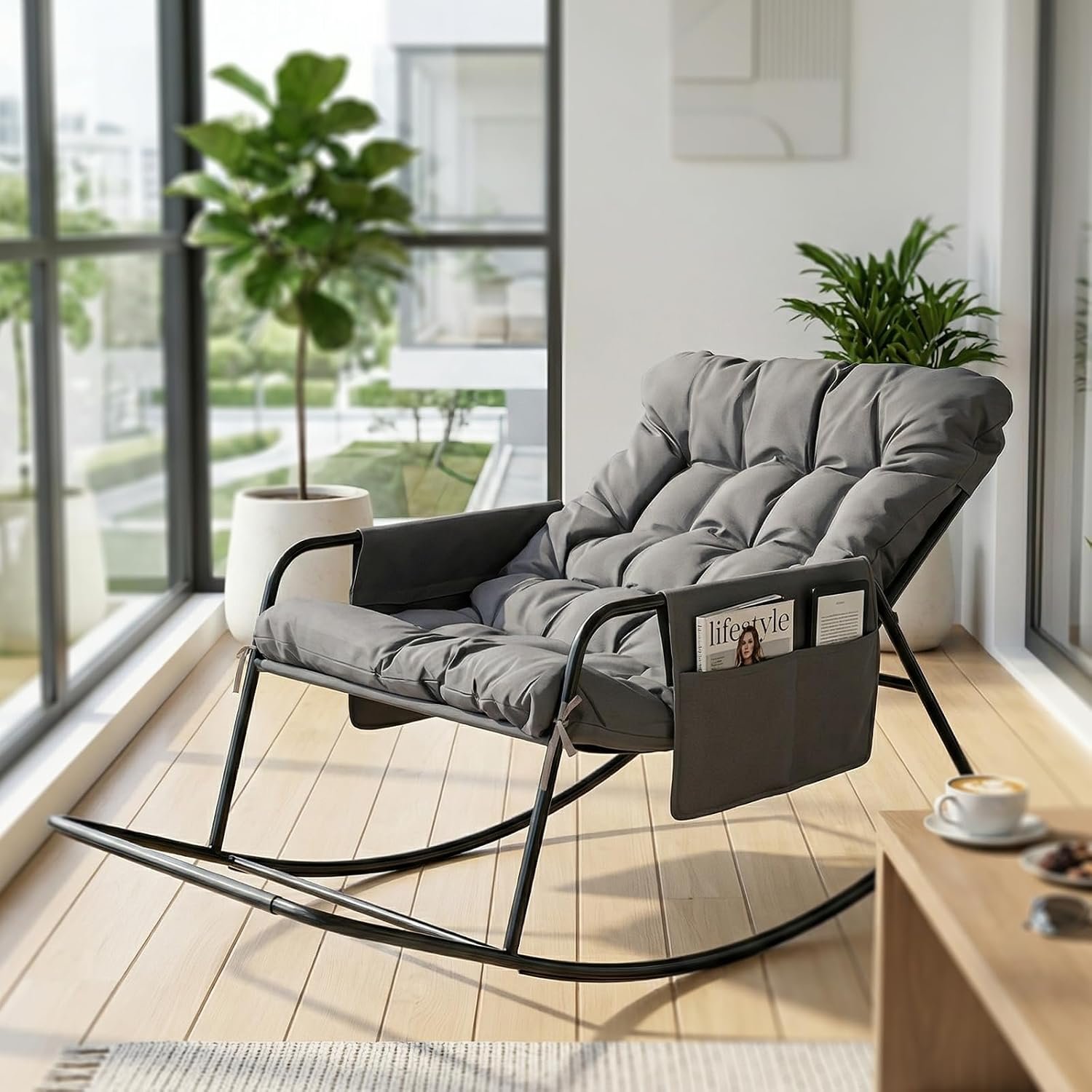VINGLI Outdoor Oversized Rocking Chair, Patio Lounge Rocker with Thick Soft Cushion, Outdoor Rocking Chair with Extra Storage Bag, All Season Lounge Chair for Porch Indoor Backyard Garden, Grey(1PC)