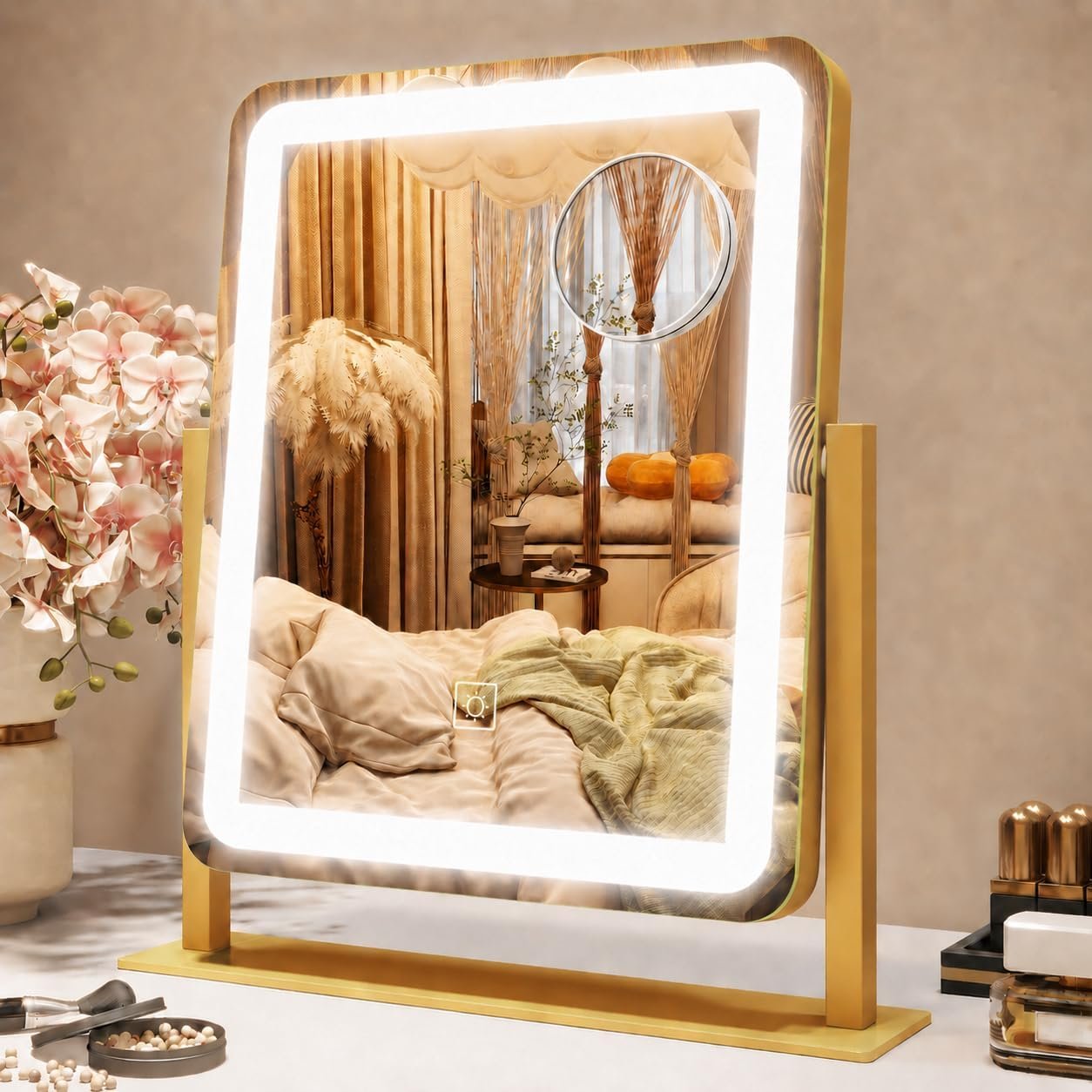 ROLOVE Vanity Mirror with Lights, 12.6″×15″ LED Makeup Mirror, Lighted Makeup Mirror with Lights, Smart Touch Control Dimmable 3 Modes Light, Lighted Up Mirror for Makeup Desk, Gold