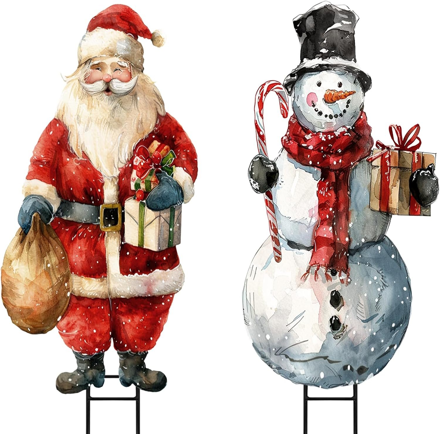 Christmas Decorations Outdoor, 2pcs Large Rustic Santa Claus Snowman Yard Metal Stakes Xmas Decor, 37″ Vintage Winter Signs for Lawn Front Door Garden Home Farmhouse Porch Outside