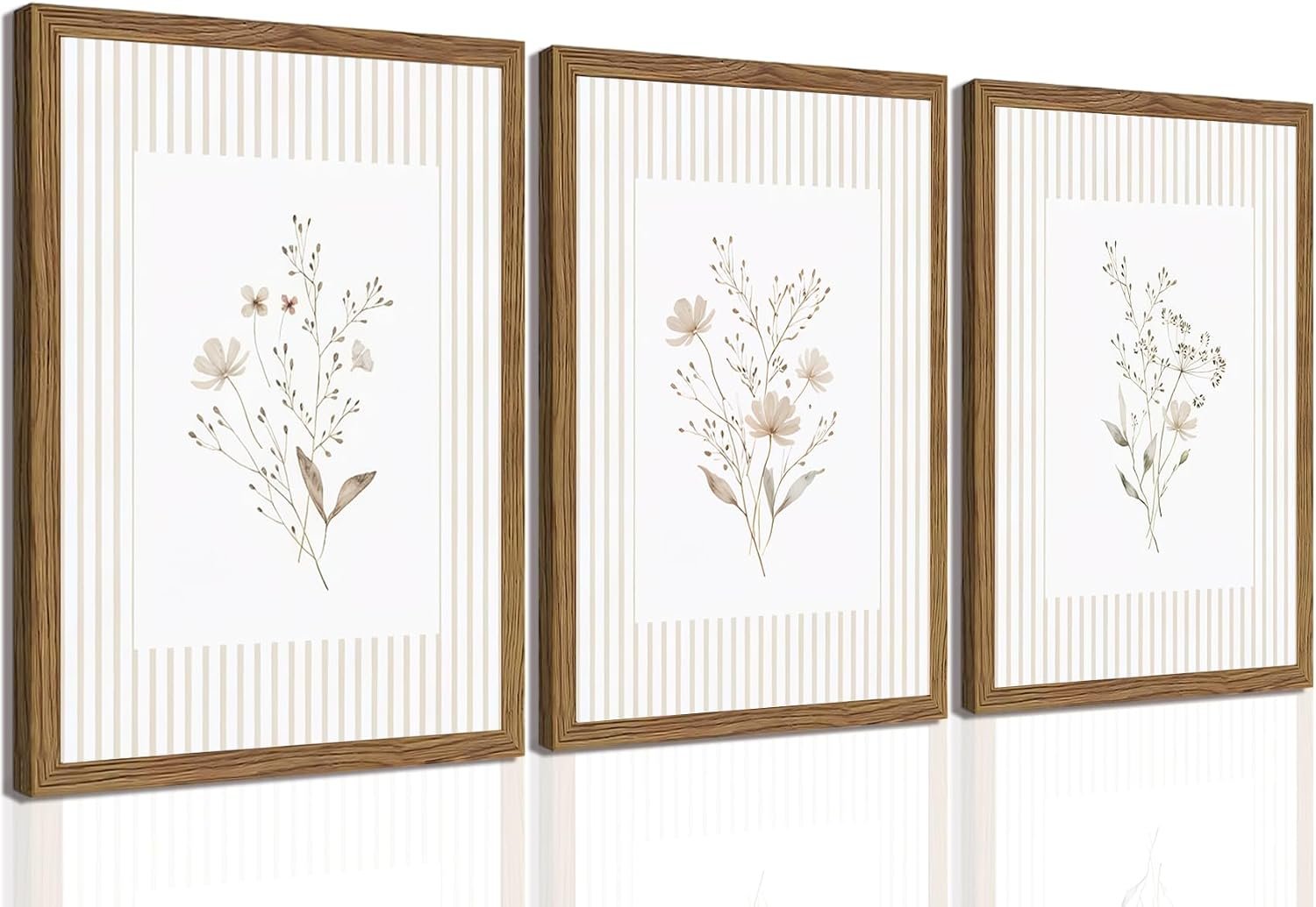 Neutral Wildflower Wall Art Set of 3, Vintage Flower Botanical Wall Decor Canvas Prints Pictures, Rustic Cottagecore Striped Floral Painting for Living Room Bedroom 12×16 Inch Wood Framed