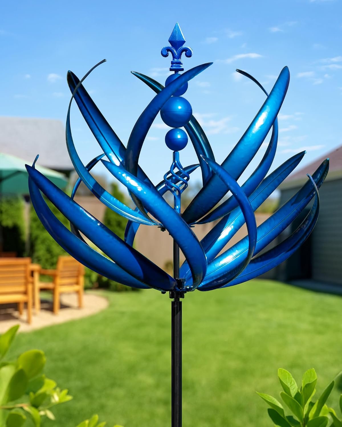 91 inch Wind Spinners Outdoor – Extra Large Outdoor Metal Wind Sculptures Spinners with Stake, Windmills for The Yard Garden, Yard Art Garden Lawn Decor – Blue (27″ W x 91″ H)
