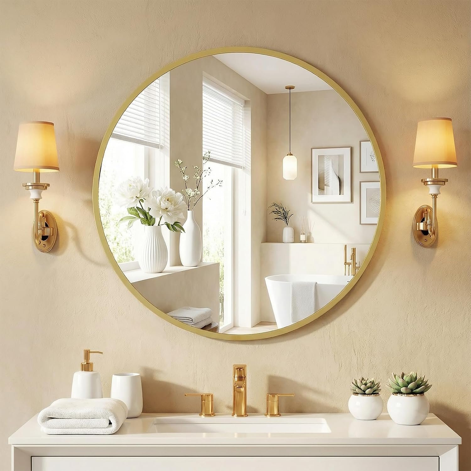 NEWBULIG 20 Inch Round Wall Mirror, Bathroom Mirrors for Over Sink | Metal Framed Circle Vanity Mirror, Wall Decor for Bedroom, Entryway, Anti-Rust, Tempered Glass, Hanging or Leaning, Gold