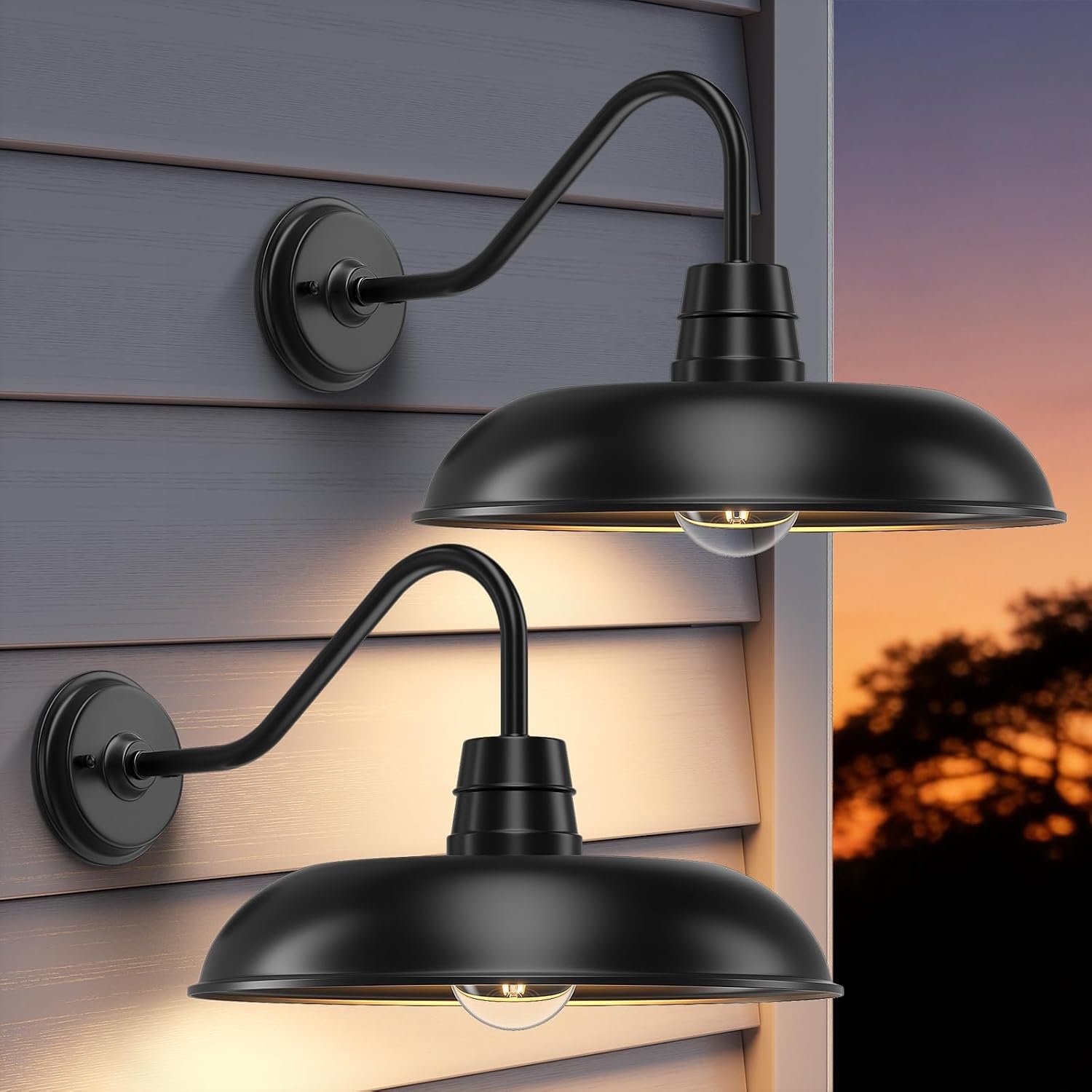 FILIYANO Large Farmhouse Barn Gooseneck Outdoor Lights, 16 Inch, 2 Pack | Satin Black, Waterproof, Anti-Rust, E26, Modern Farmhouse Fixtures, Oversized Industrial Exterior Sconces for Porch, Garage