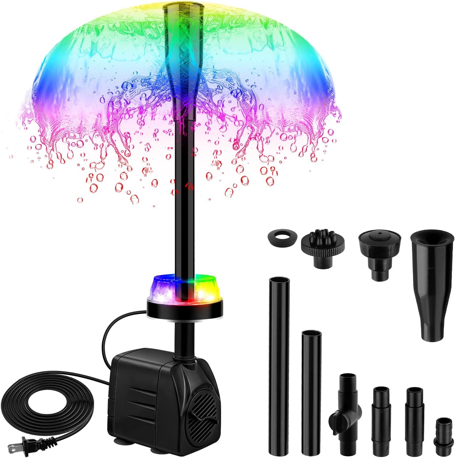 15W 800L/H Submersible Fountain Pump with LED Lights, Adjustable Quiet Water Pump, Pond Fountain Pumps for Water Feature, Garden, Aquarium Fish Tank, Indoor Outdoor Fountain with 3 Type Nozzles