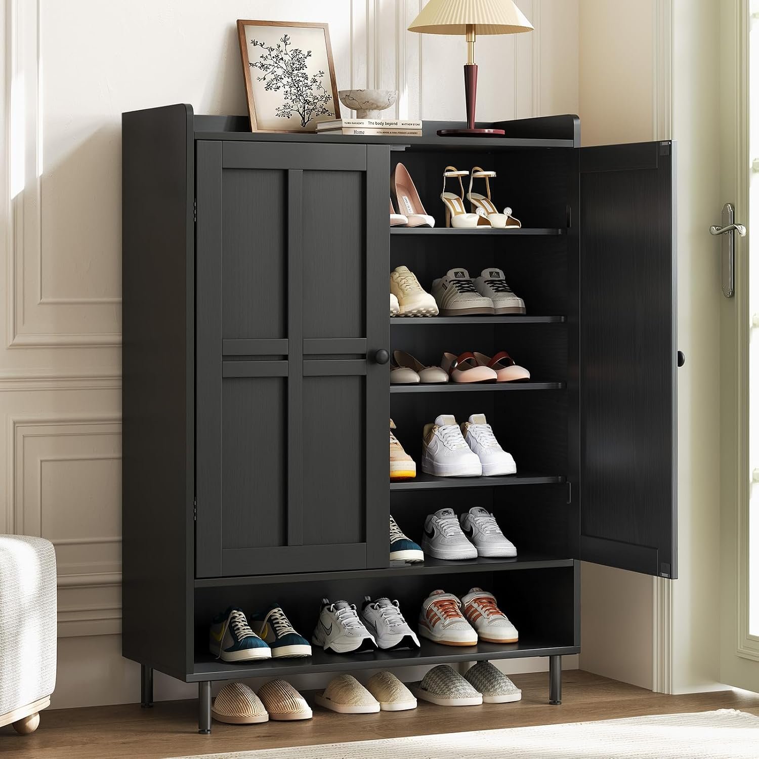 Shoe Cabinet with Cross Molding Doors, 6-Tier Storage, Black | 45” Tall Shoe Storage Organizer with 3 Adjustable Shelves & Metal Legs, Freestanding Wood Shoe Rack for Entryway, Front Door