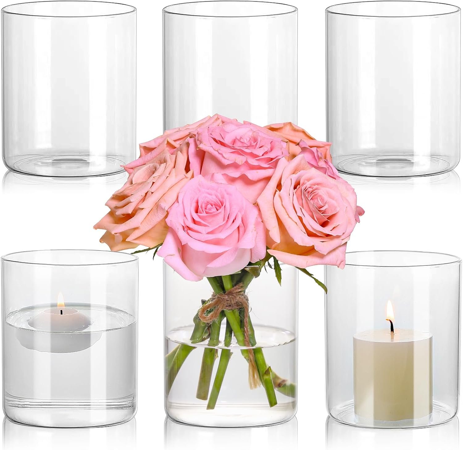 SUPMIND Glass Cylinder Vases 6Pcs for Table Centerpieces, 5 Inch Short Vase | Glass Clear Flower Vases Bulk, Hurricane Candle Holder for Table, Floating Candle Vases for Wedding Home Décor