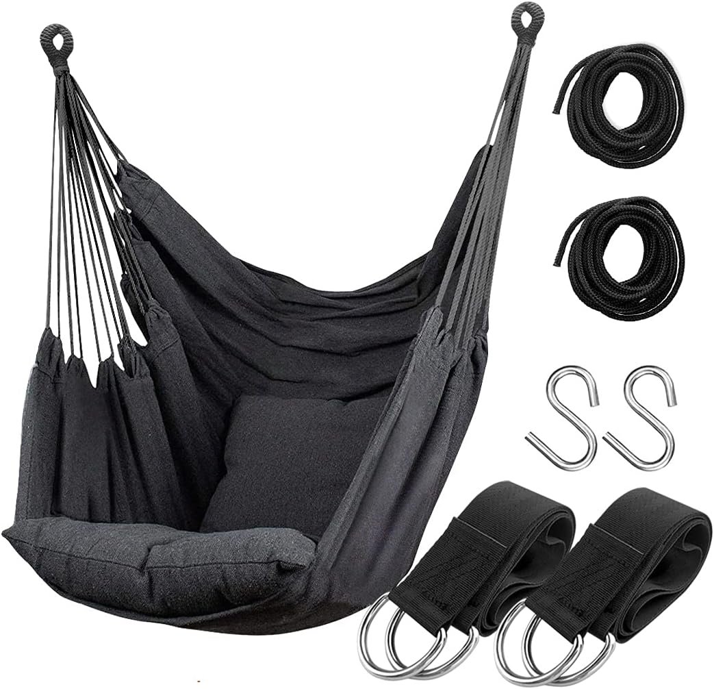 Hammock Chair Hanging Rope Swing Seat for Indoor Outdoor, Sturdy Cotton Weave Hammock Swing, Max 300Lbs Hanging Hammock Chair (Pole and Pillows NOT Included, Gray)