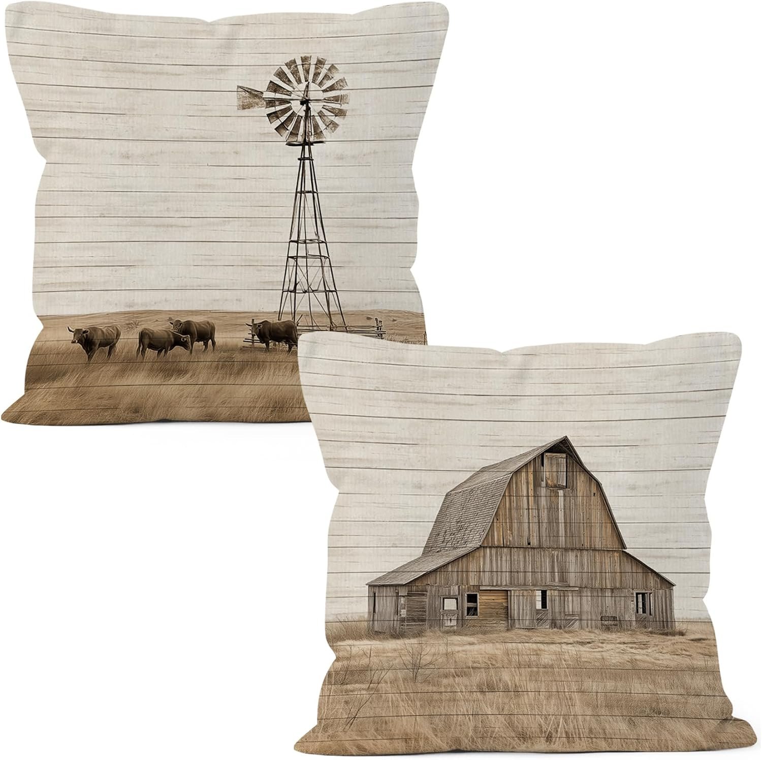 Farmhouse Windmill Barn Cow Gifts Throw Pillow Covers 18×18 Set of 2, Rustic Country Decor Pillow Cases for Bedroom Living Room, Vintage Cottagecore Decorative Pillowcases for Couch Bed Sofa