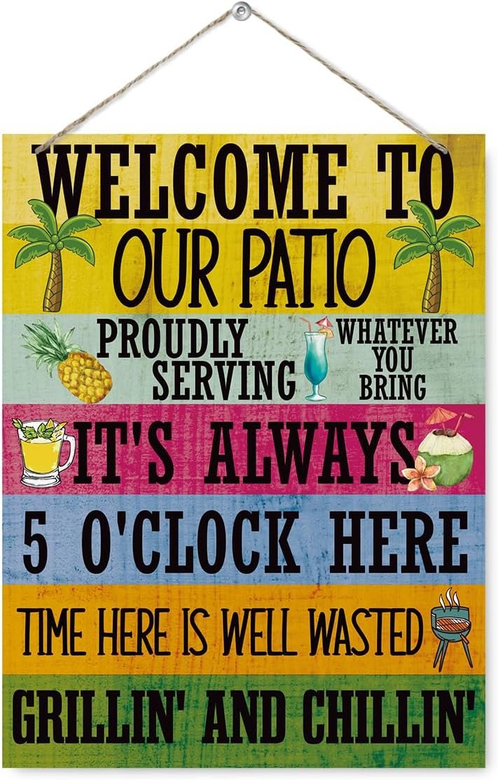 Outdoor Patio Signs – Welcome to Our Patio, Wood Patios Decorative Signs Decor, Hanging Plaque for for Door Outdoor Porch Backyard Deck Rustic Wall Decorations 7.9 x 10.2 Inches