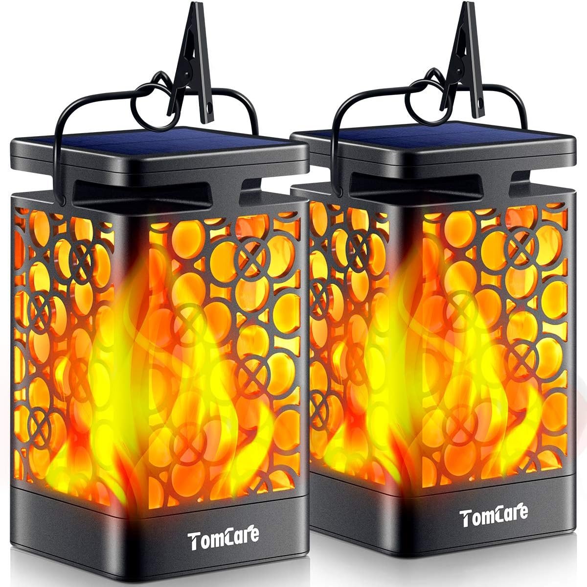 TomCare Solar Lanterns Outdoor, Flickering Flame Hanging Lights, 2 Pack | Realistic Flame Effect, Charges in 6-8 Hours, 10-12-Hour Runtime, IP65 Waterproof, Auto On/Off for Patio, Garden and Porch