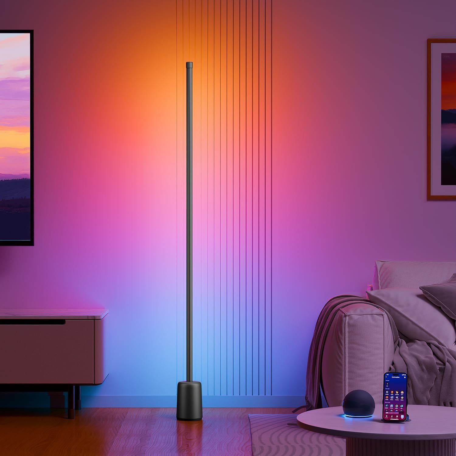 Corner Floor Lamp, 1500lm RGBW Corner Lamp Work with Alexa & Google Assistant, 16 Million DIY Colors, Sync with Music, App Control, Modern LED Floor Lamp for Living Room & Bedroom, Black