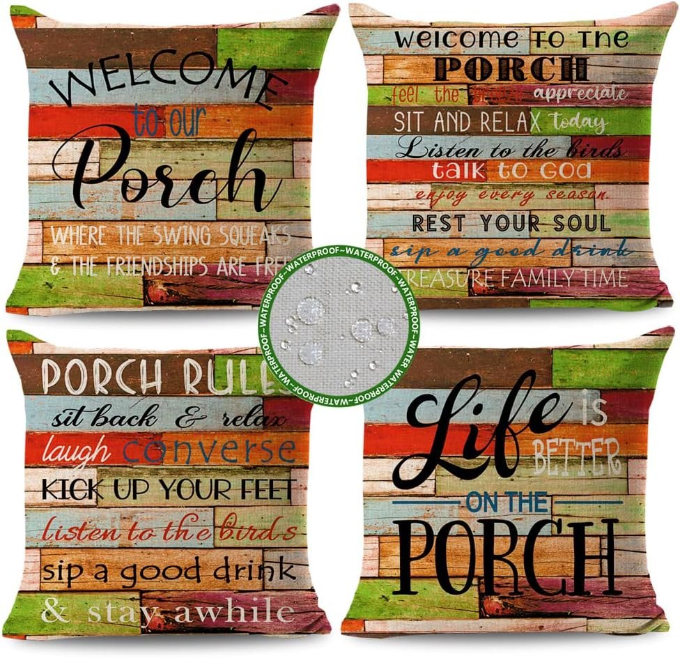 JOJOGOGO Patio Decor Outdoor Porch Pillow Covers 18×18 Waterproof, Set of 4 | No Inserts, Porch Pillows Outdoor Waterproof, Outdoor Patio Furniture Pillows, Colorful Porch Pillows, Weather Resistant