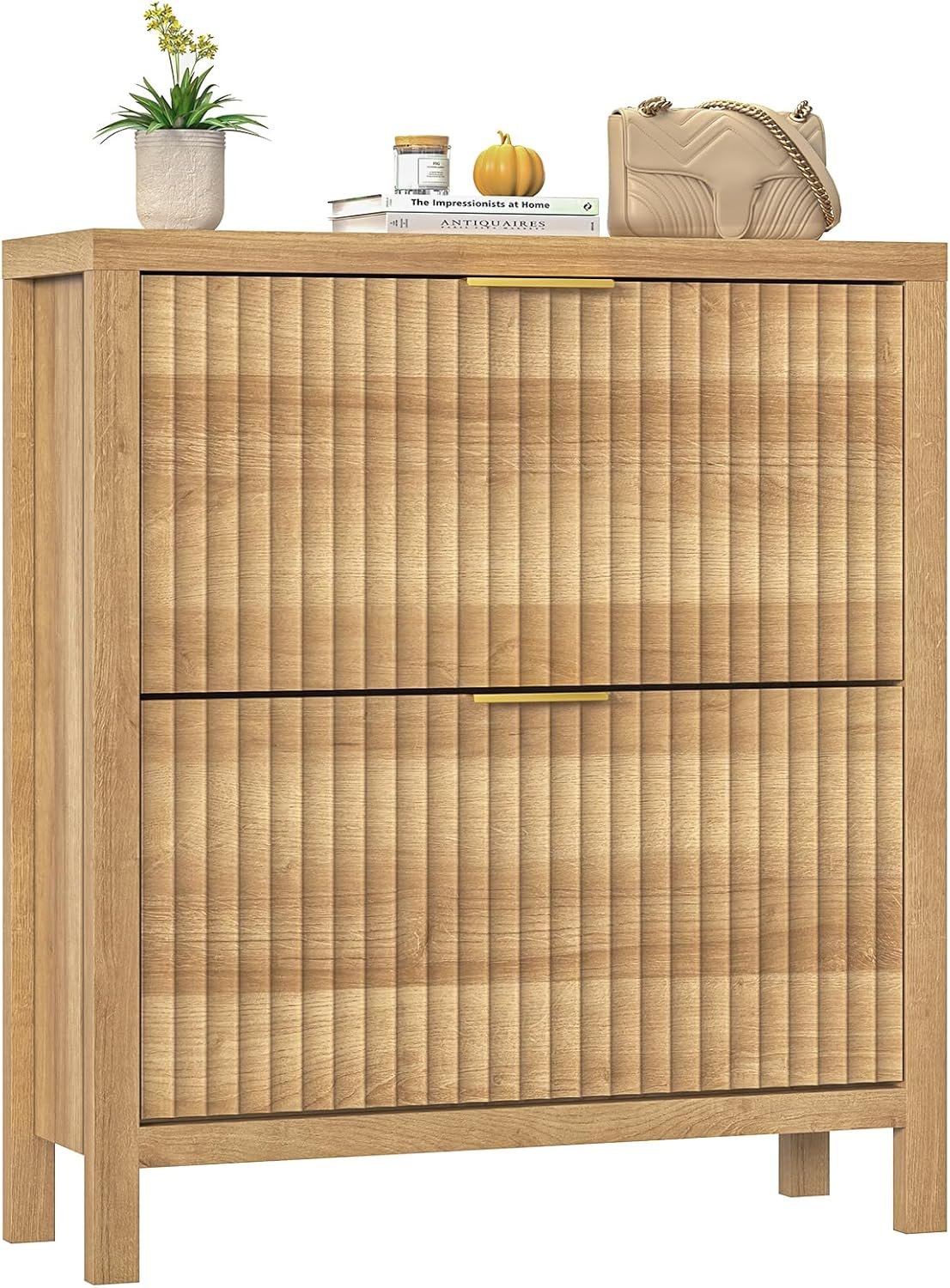 Fluted Shoe Cabinet Storage with 2 Flip Drawers for Entryway, Hallway | Narrow Shoe Rack Freestanding Shoe Organizer with Legs for Entryway，Hallway, Oak