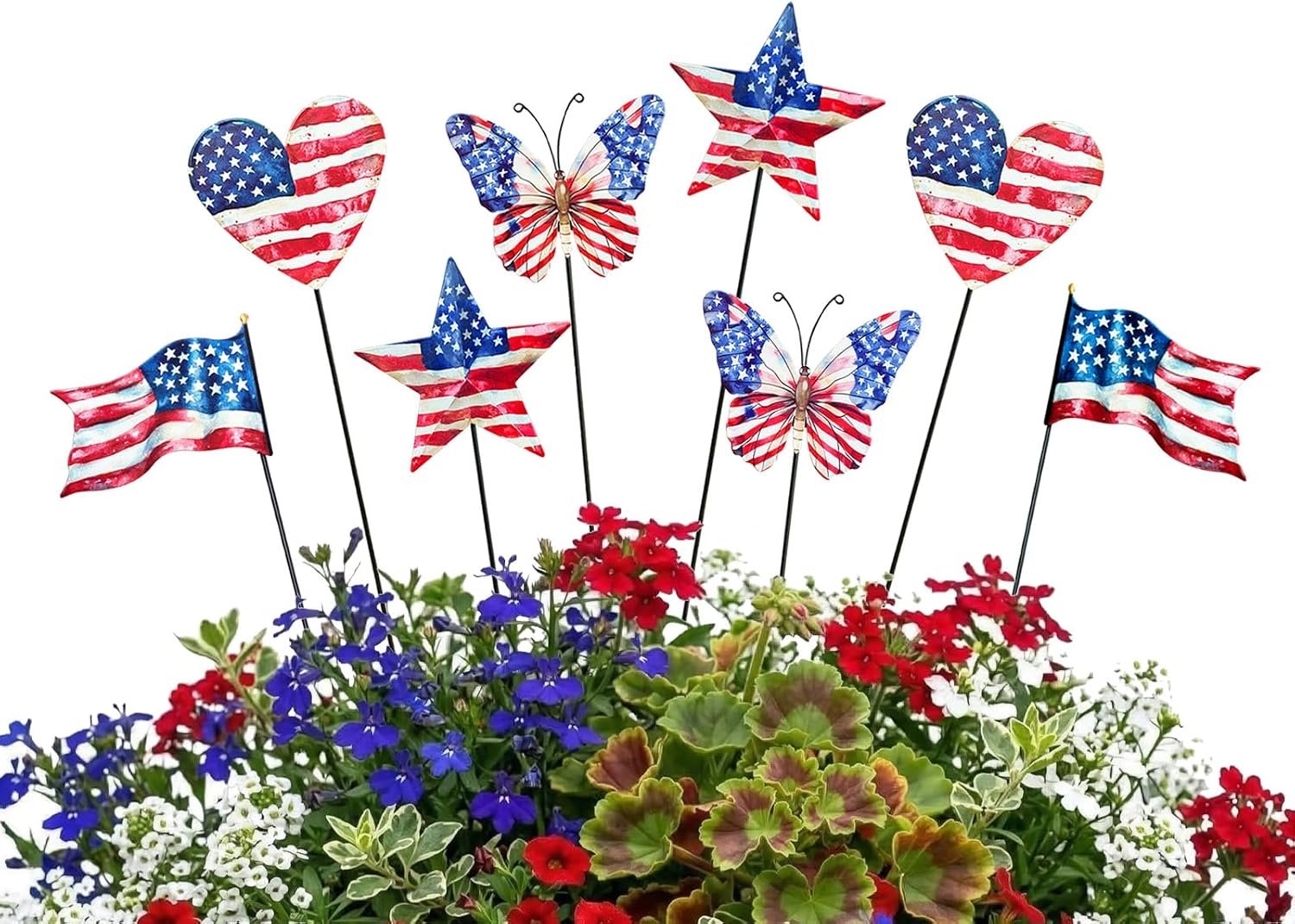 8 Pcs 4th of July Decorations Outdoor,Patriotic Metal Stars Butterflies Hearts Flags Decorative Garden Stakes for Independence Day 250th Anniversary,Americana Yard Signs Decor for Garden Lawn Porch