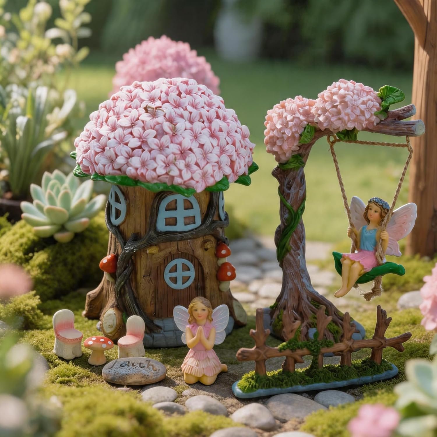 Miniature 8 Pcs Mini Garden Furniture, Fairy Garden Accessories Kit, Resin Figurines with Swing Set, Whimsical Theme, for Outdoor Patio, Yard, Lawn, or Desk