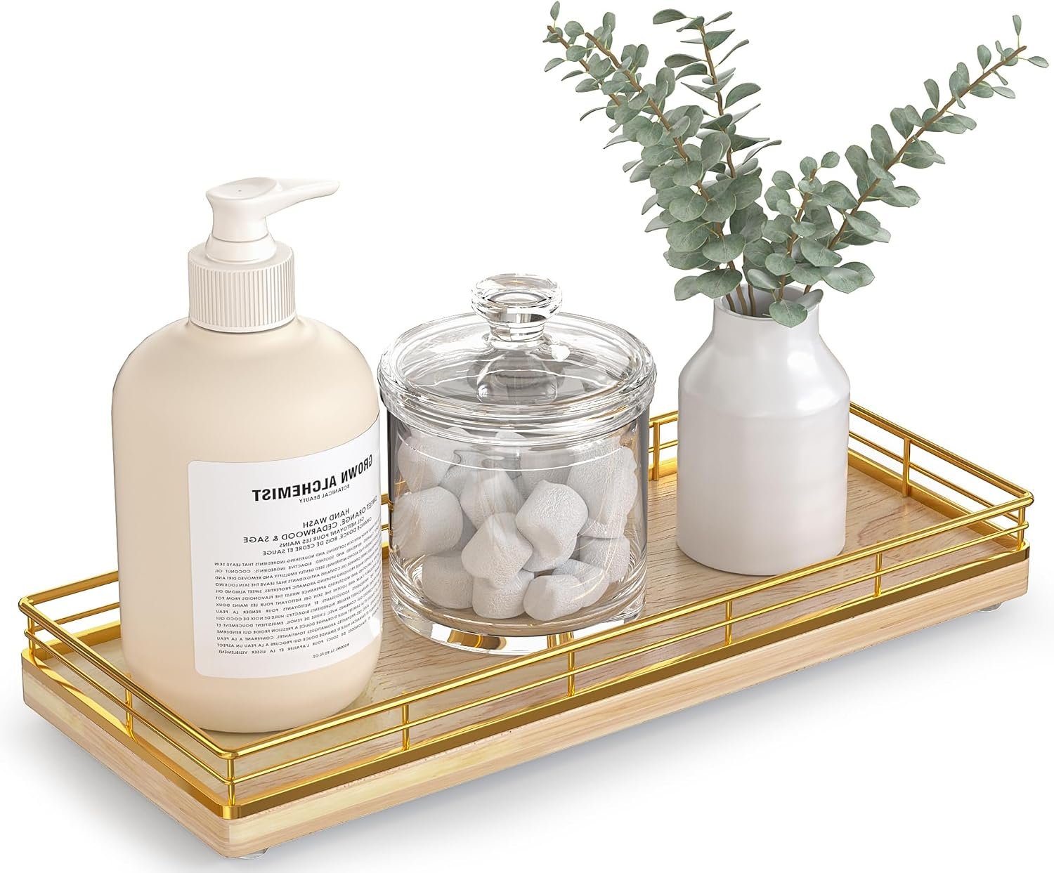 Bathroom Tray for Counter Top Organizer, Oak Wood Vanity Tray | Metal Frame for Dresser, Kitchen & Nightstand, Gold & Oak Decorative Storage