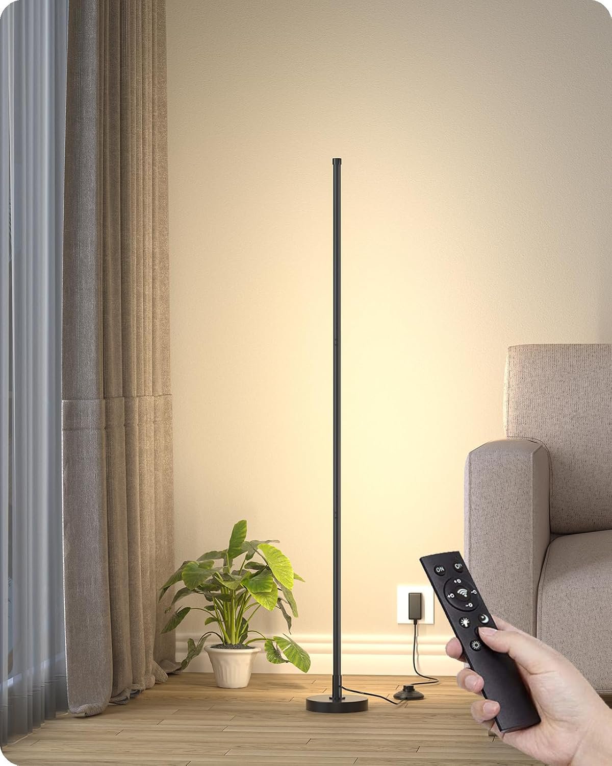 Corner Lamp, Minimalist LED Floor Lamp, Black, 1 Pack | Remote Control, Dimmable, 7 Color Temperature 3000K-6000K, For Living Room, Bedroom, Home Office