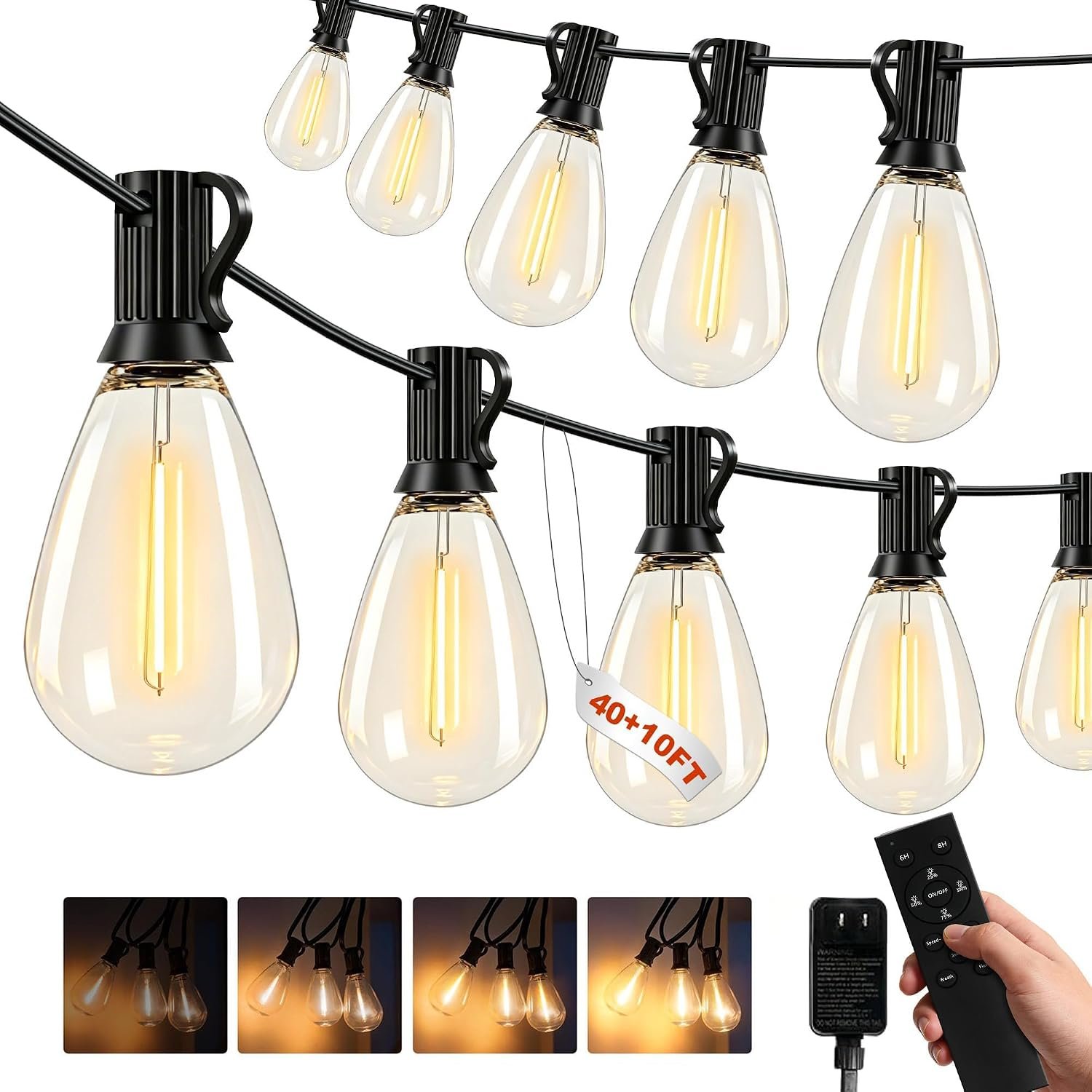 50(40+10)FT Outdoor String Lights, 15m Waterproof Remote LED Patio Lights with 19+1 S11 Bulbs 10FT Extension Cable, Dimmable Outside Hanging Lights for House, Porch,Yard,Garden,Bistro, Gazebo lighting