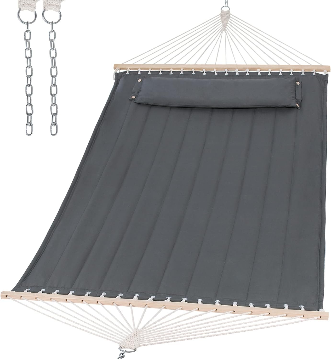Heavy Duty 2 Person Hammock for Indoor, Outdoor, Gray | Portable Tree Hammock with Hardwood Spreader Bar, Extra Large Soft Pillow