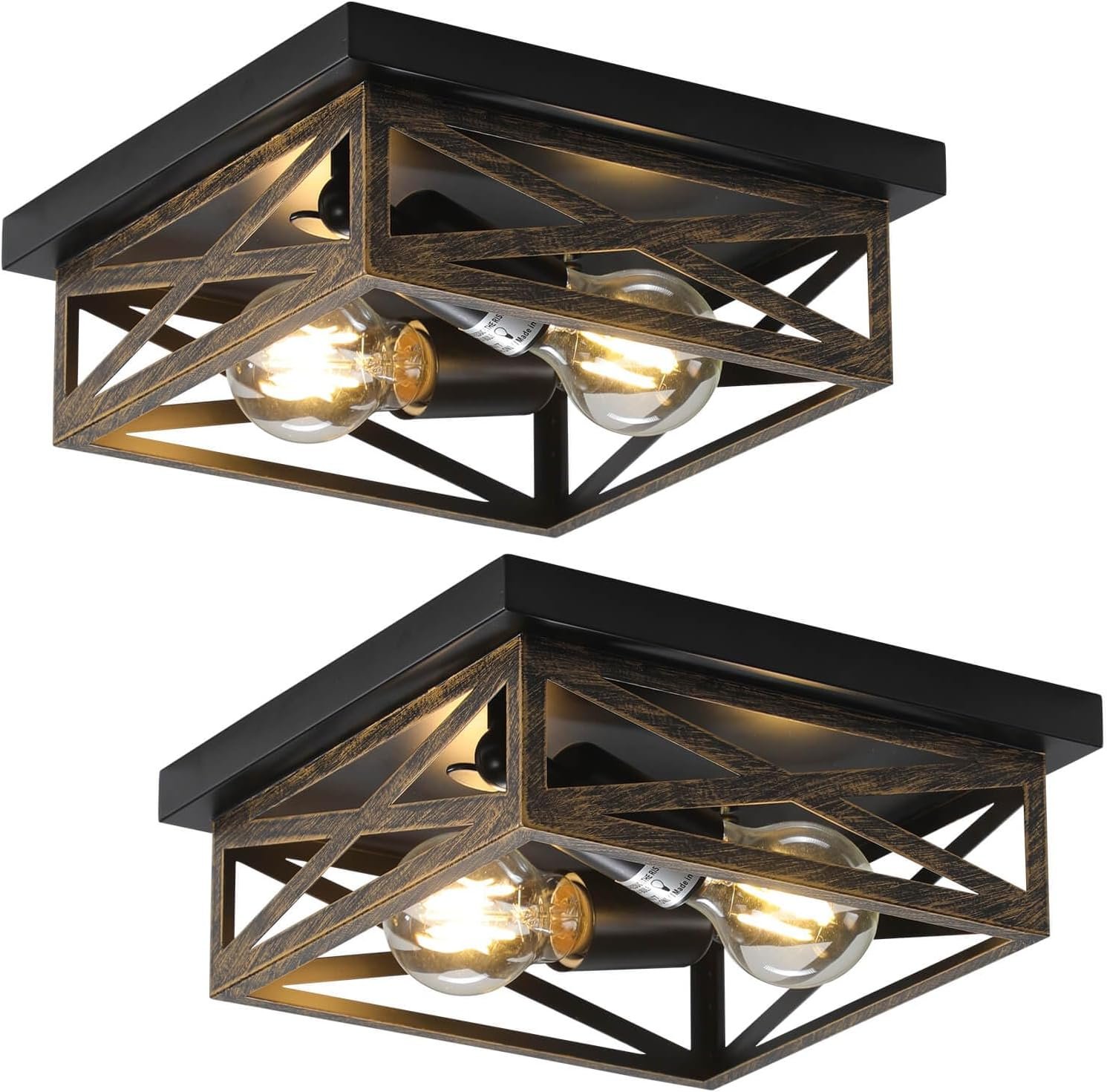 2Pack Rustic Flush Mount Ceiling Light Fixture, Modern Farmhouse Light Fixture, Kitchen Hallway Light Fixtures for Bedroom,Dining Room Entryway,Industrial Metal Cage Ceiling Light