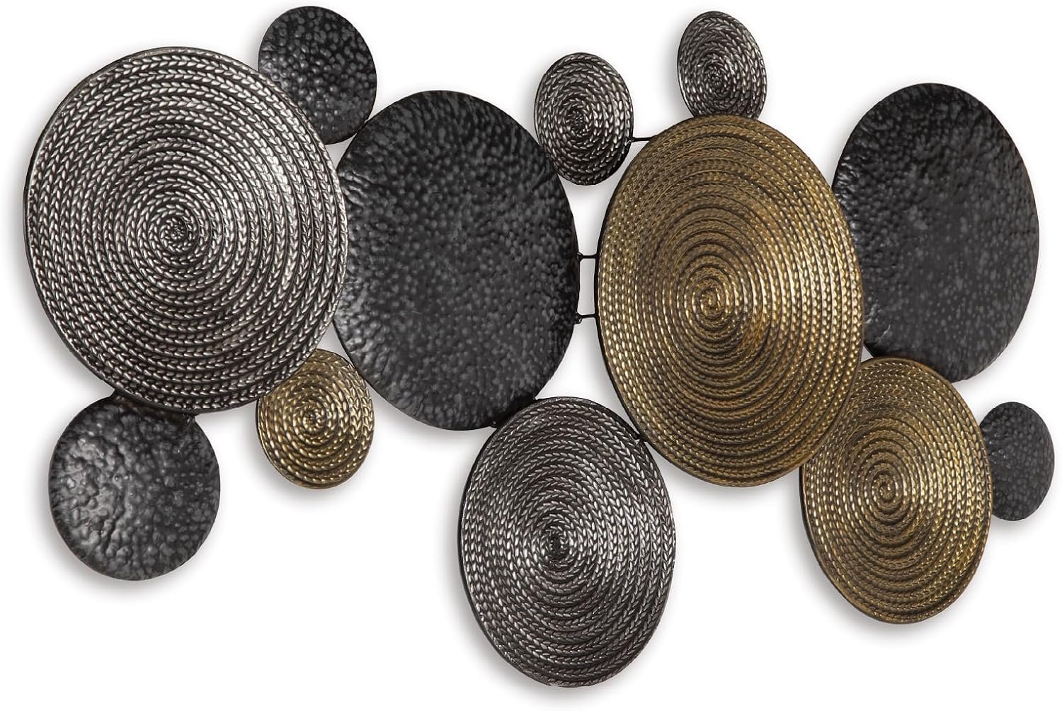 Signature Design by Ashley Circle Metal Wall Sculpture, 46×23 in, Emsley | Made with metal, 2-inch physical depth, Horizontal orientation, Multi-tonal metallic finishes, Living room accent