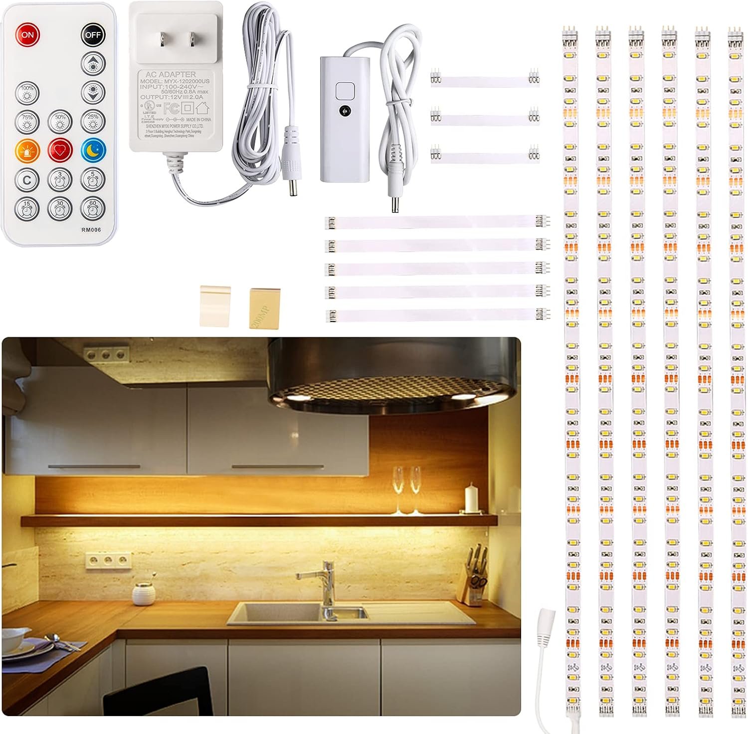 WOBANE Under Cabinet LED Lighting Kit,Dimmable Strip Lights with RF Remote | 6PCS 20inch, 24W Adapter, Hidden 2700K Warm White Set, 1500lm, Timing, Bright, Kitchen, Counter, Shelf, Showcase