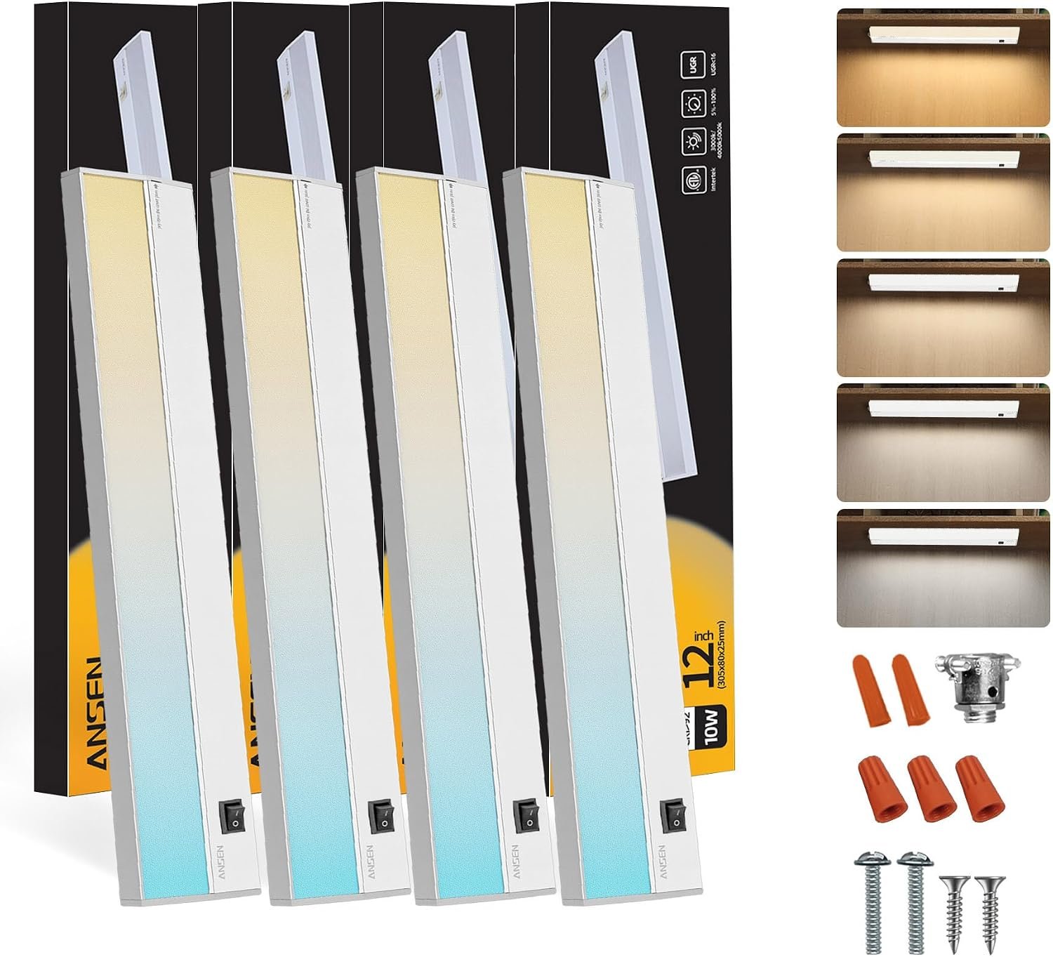 4Packs of Under Cabinet Lighting Hardwired, 12IN 10W 666LM, Dimmable Led Light for Kitchen/Bar/Closet, CRI>92, R9>90, 5 Color Temperature, 2700K-5000K(Warm White, Cool White, Daylight)