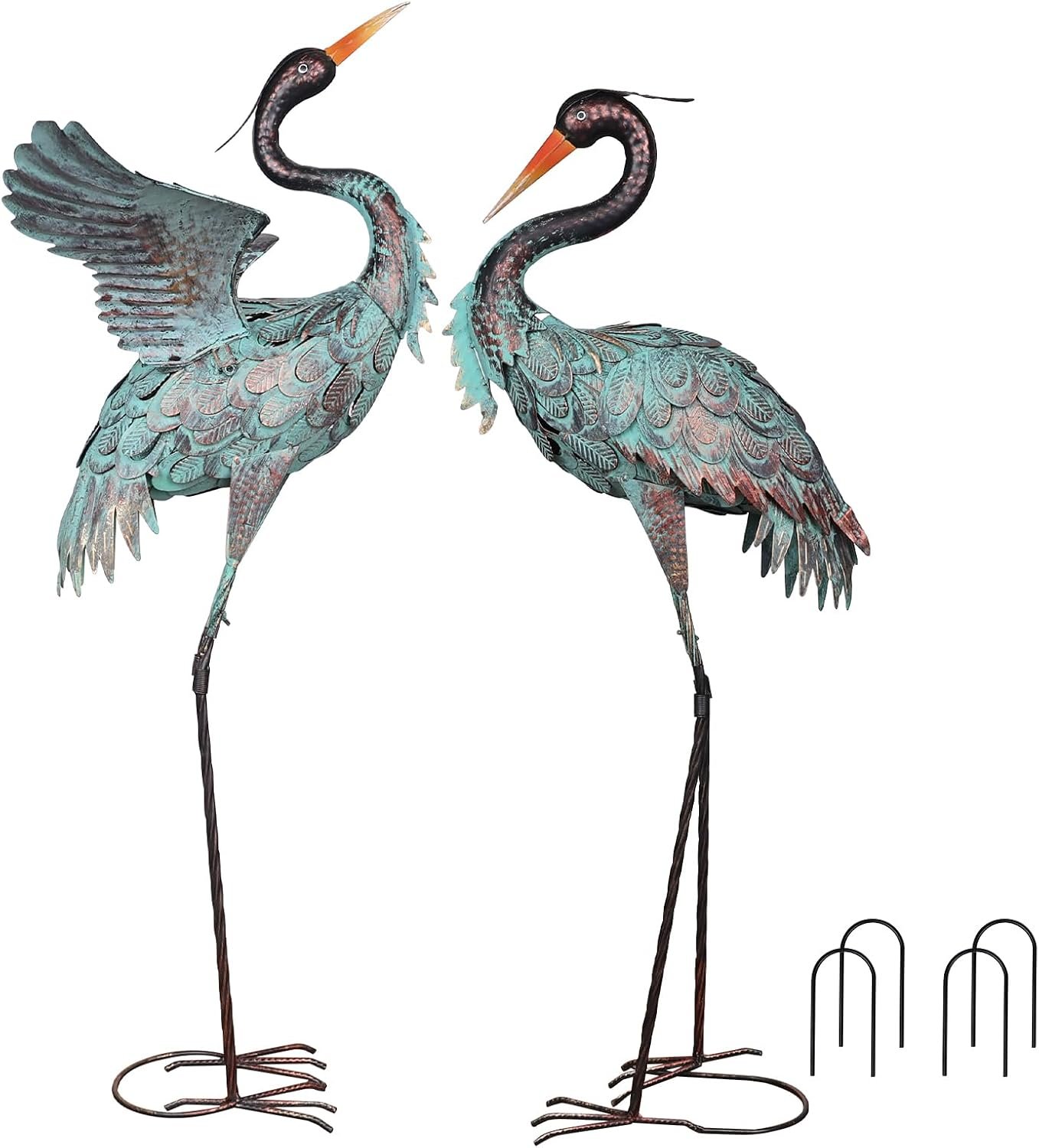 YEAHOME Garden Decor Outdoor Statues, 38″/36″ Large Metal Heron Standing Yard Art, Blue Crane Lawn Sculptures Garden Decor for Outside Patio Porch Backyard, Set of 2