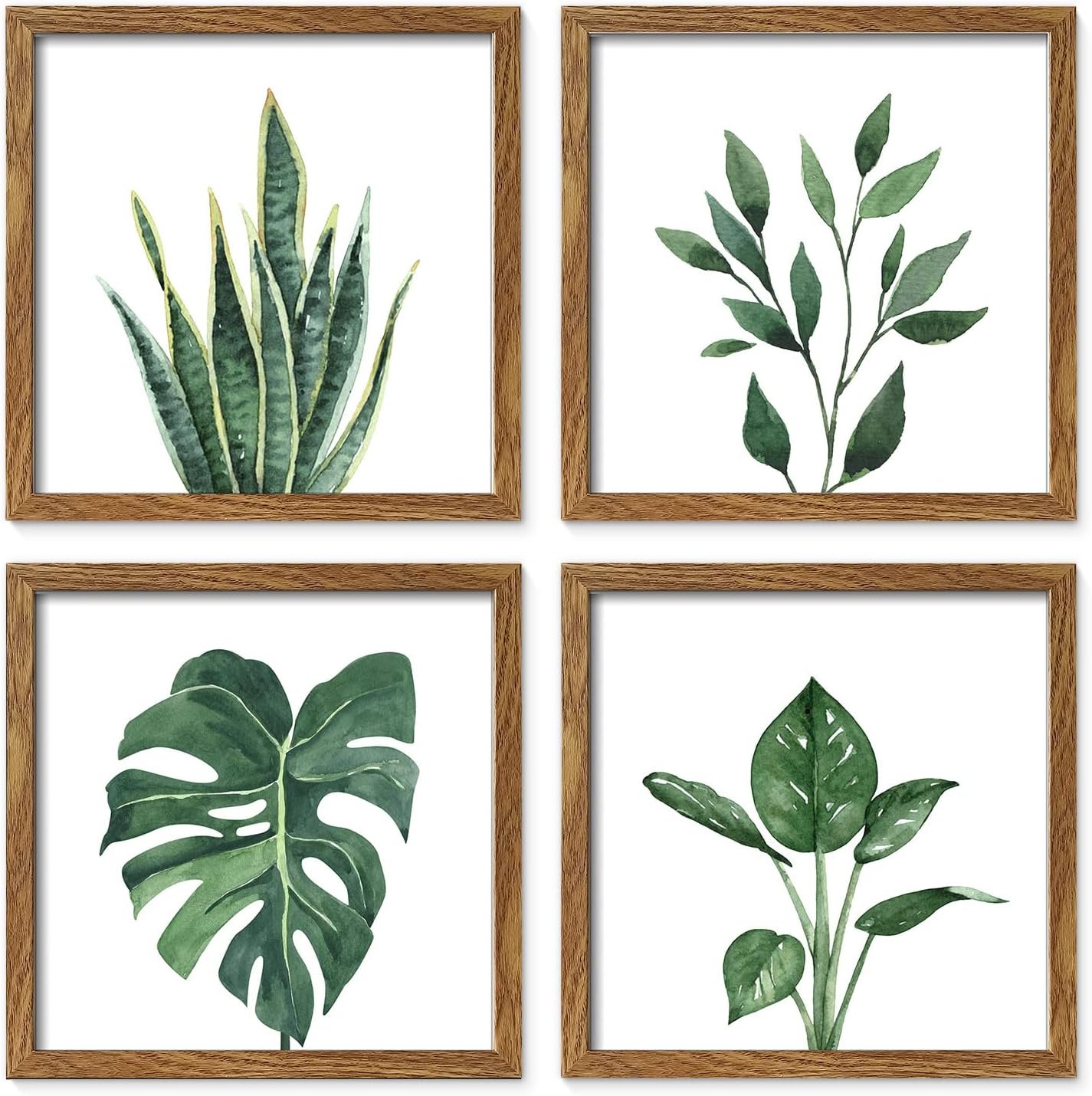 ArtbyHannah Framed Bathroom Wall Art Decor, 10×10 Botanical Artwork Walnut | 4 Pack Gallery Wall Frame Set Modern Farmhouse Sage Green Prints Pictures Art for Spa,Bedroom,Office Decor
