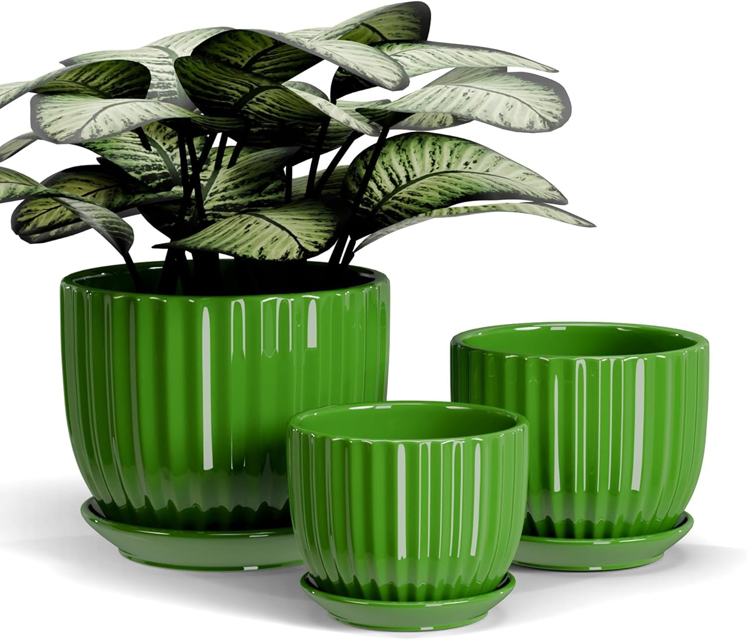 Green Plant Pots,Ceramic Planters with Drainage Holes & Saucers Set of 3 | Planters for Indoor Plants | Small Succulent Pots | Cute Pots for Plants | Ceramic Planter | Medium Garden Pots