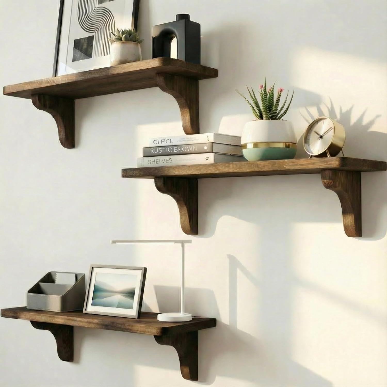 Real Wood Wall Mounted Shelving Rustic Wood Shelves with Brackets – 17 inch (3 Pack) – Easy to Install, Template and Video Included – Wide Brown Shelves for Wall