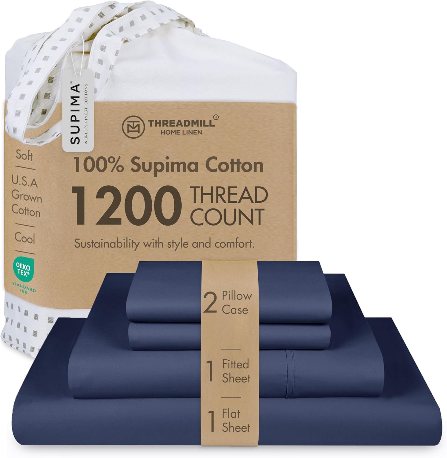 Threadmill 1200TC Supima Cotton King Sheet Set, Sateen, Folkstone Blue | 100% Supima Cotton, Sateen Weave, 4-Piece Set, All-Around Elastic, Hotel Quality, OEKO-TEX Certified, Machine Washable