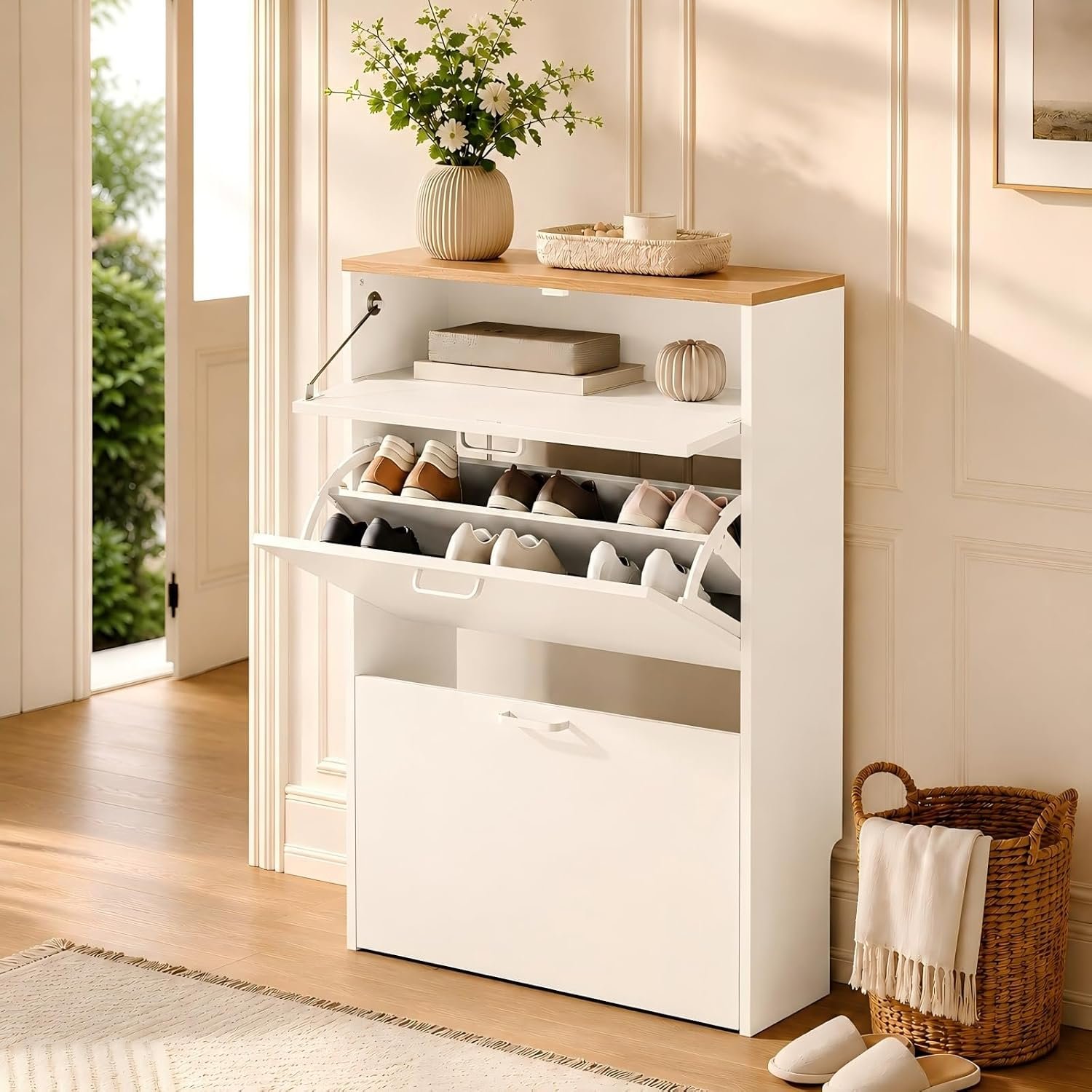 VINGLI Shoe Cabinet Storage for Entryway,White Small Narrow Shoe Rack,25″ W | 8–12 Pairs,Skirting Board Cutout,Drop-Down Drawer,9.4″D Slim,Two-Tone Oak & White,2 Flip Drawers,Adjustable & Removable Shelf